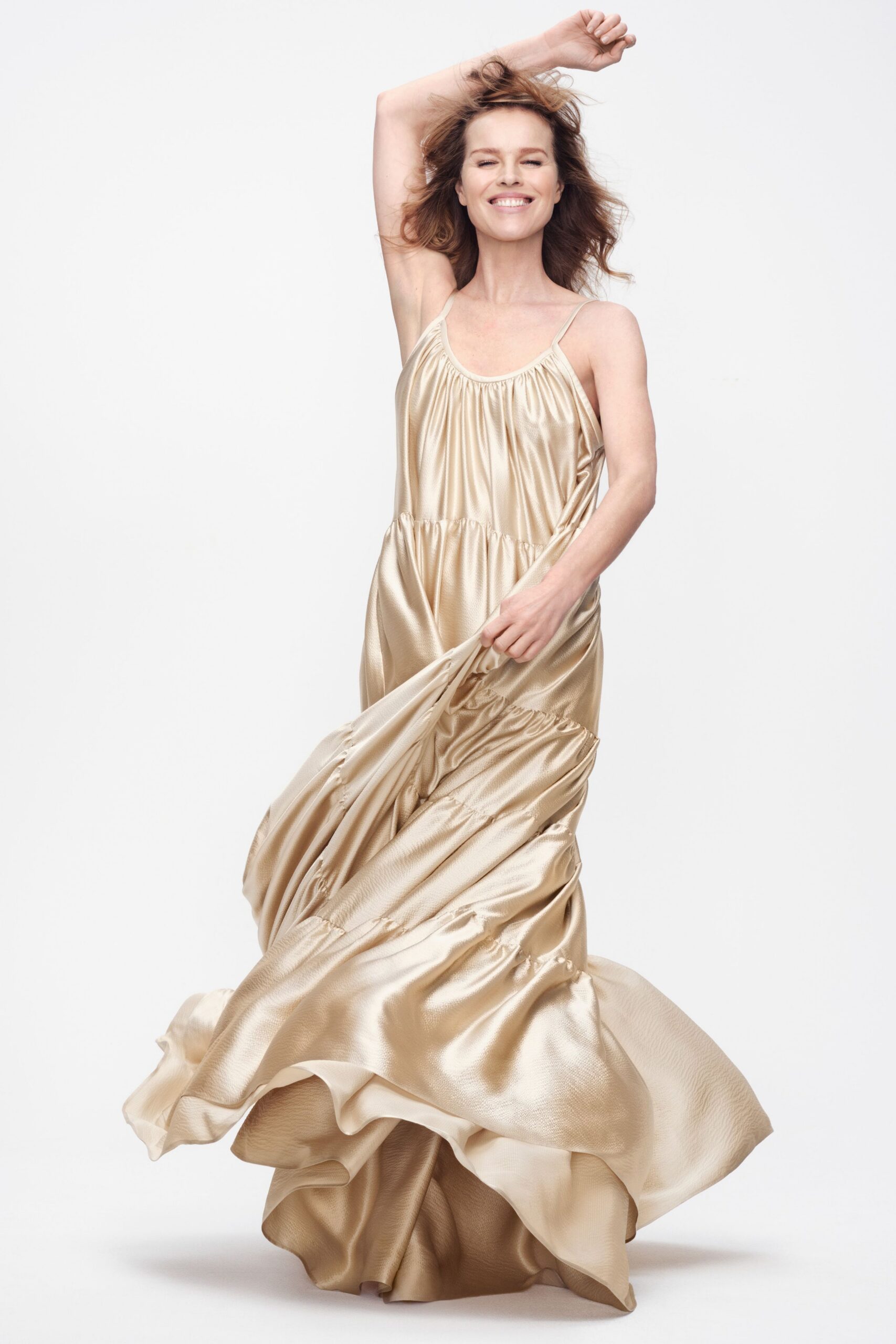 gold silk sleeveless gown