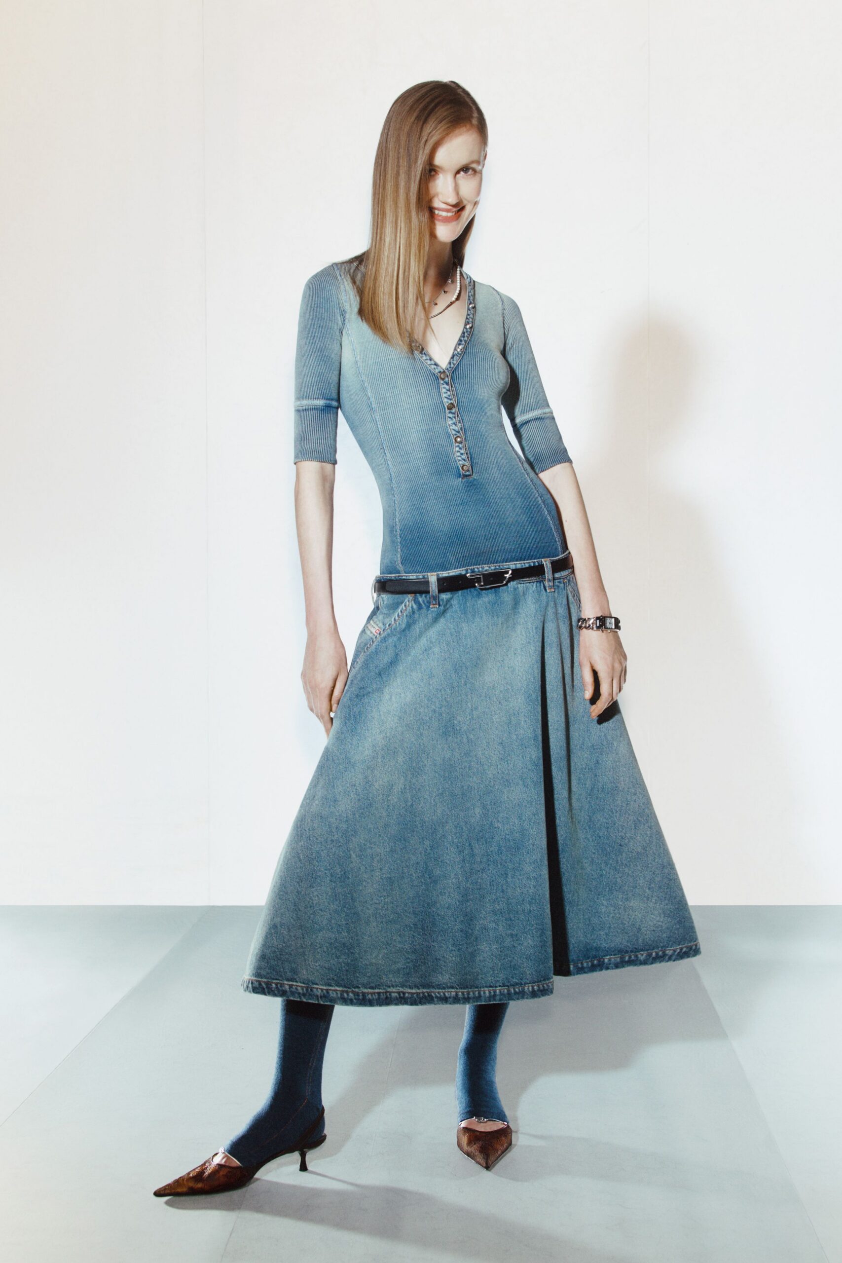 blue denim short-sleeve v-neck fitted pleated midi dress