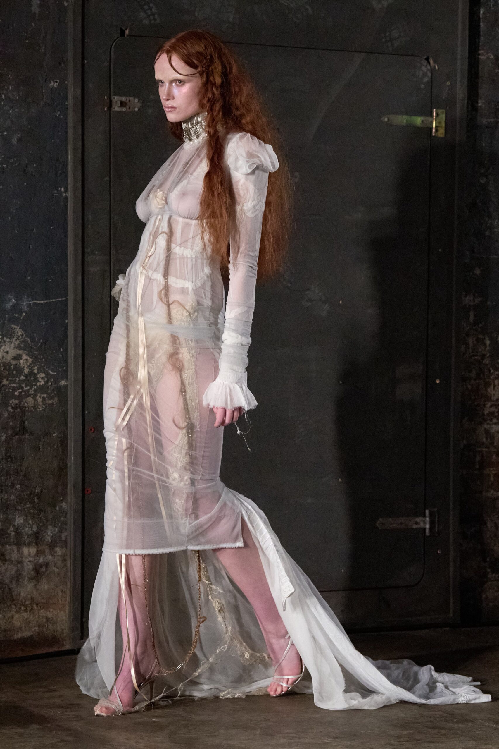 white sheer gown with clear shoes
