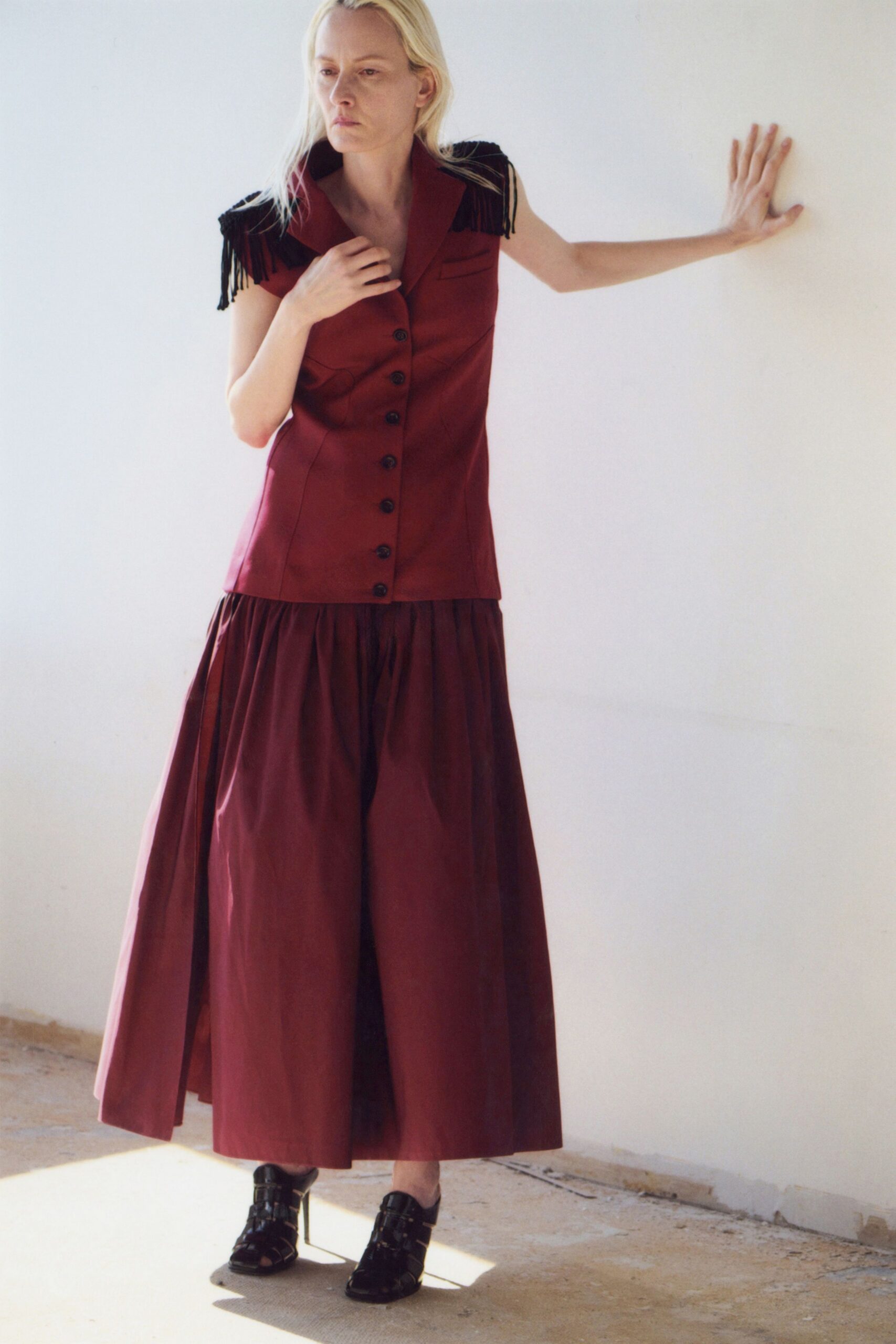 red top with tiered skirt