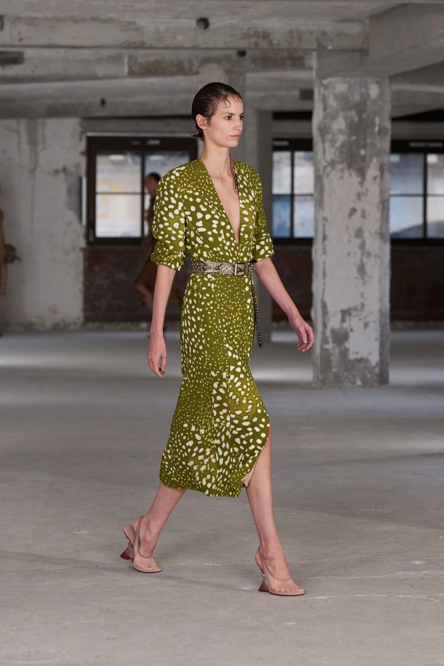 green silk long-sleeve v-neck fitted printed midi dress