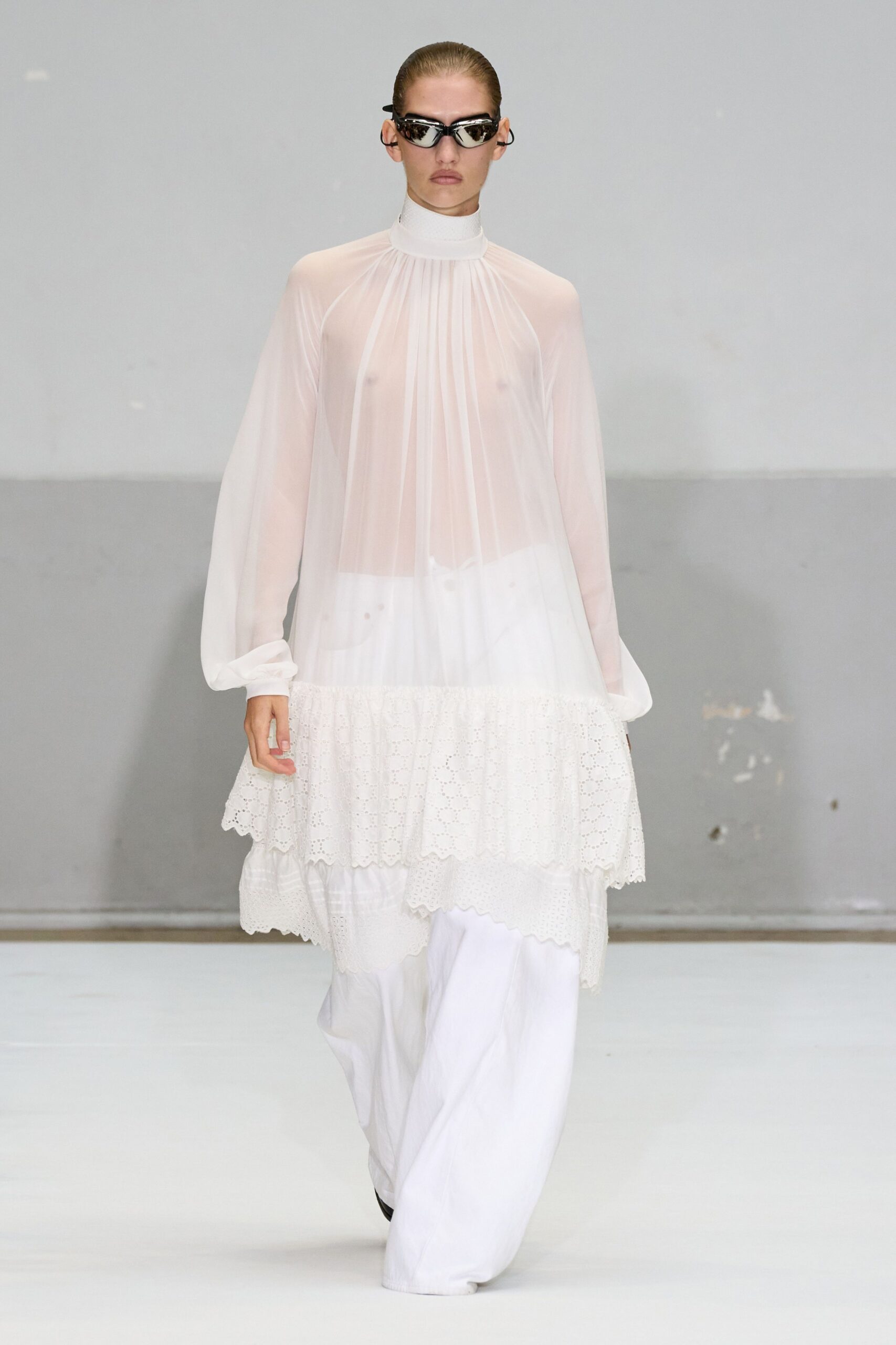 white chiffon long-sleeve high-neck relaxed layered pleated dress