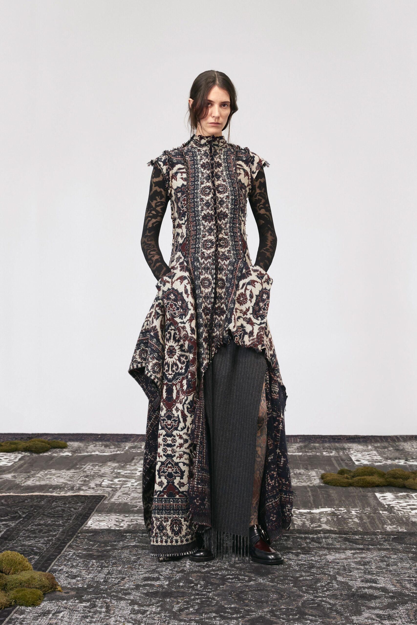 black cotton long-sleeve collared fitted embroidered layered dress