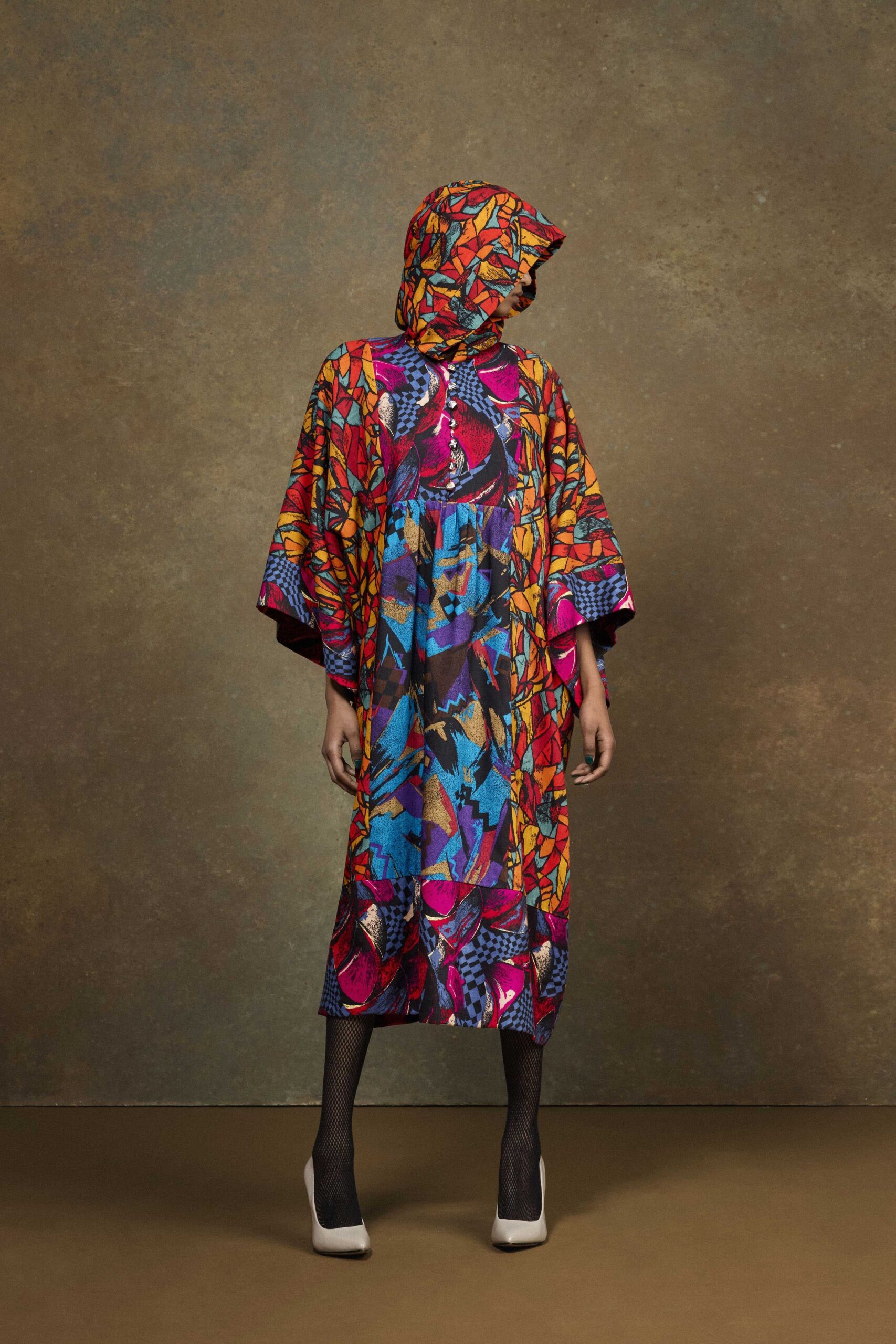 multi cotton sleeveless hooded relaxed printed maxi poncho