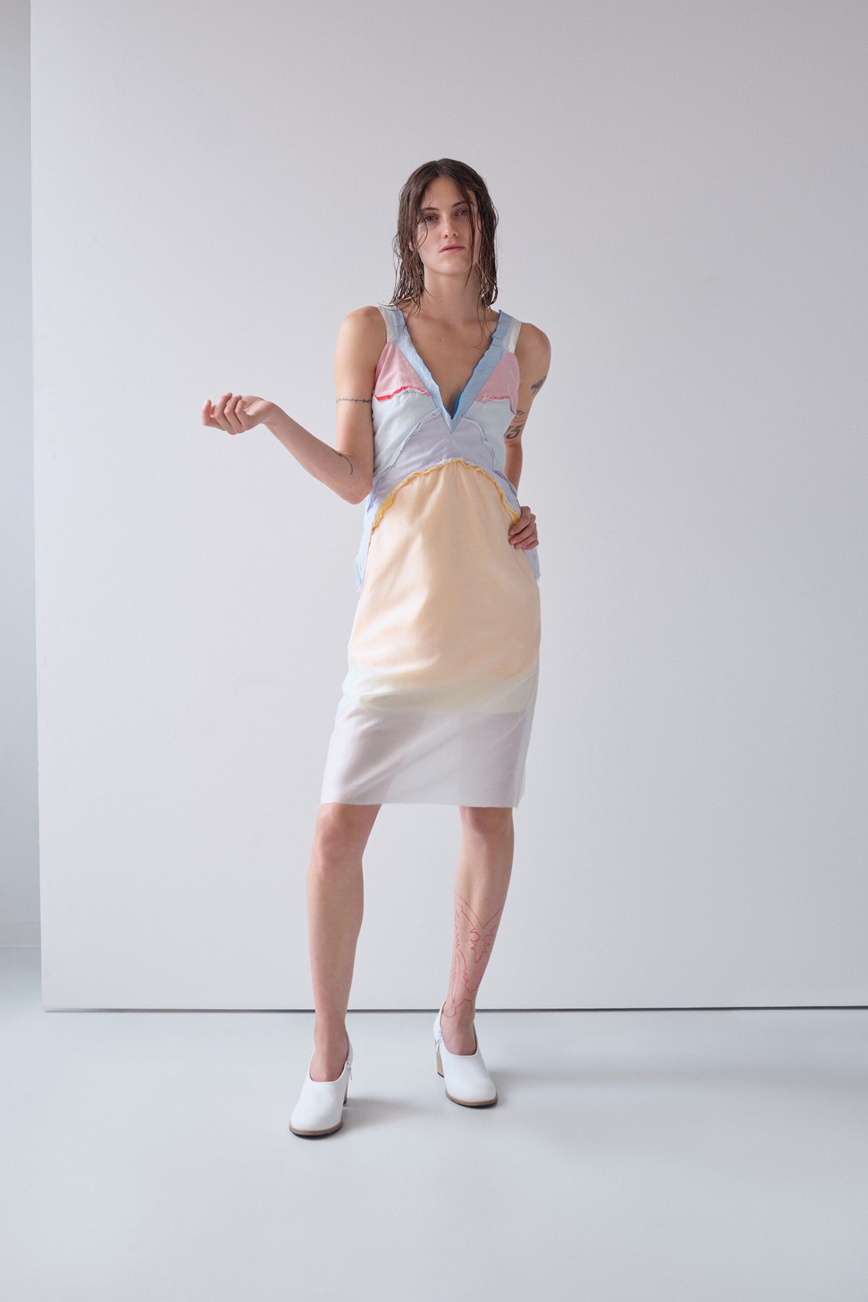 blue silk sleeveless v-neck fitted color-blocked sheer dress