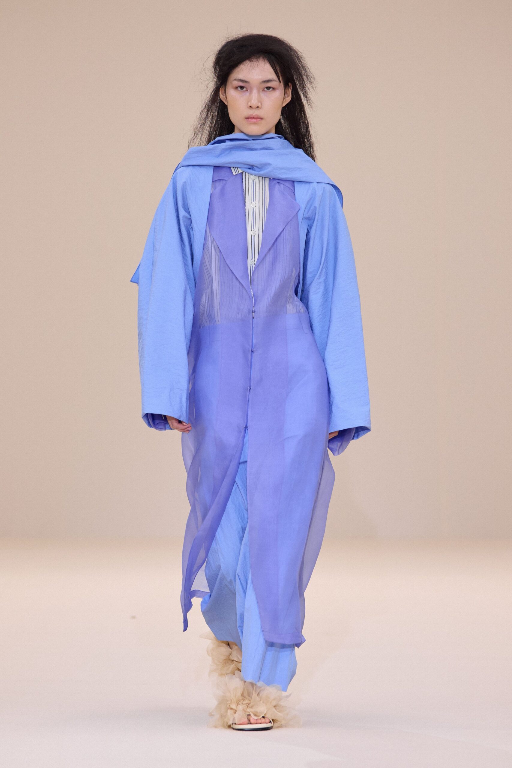blue cotton long-sleeve collared relaxed zippered layered jumpsuit