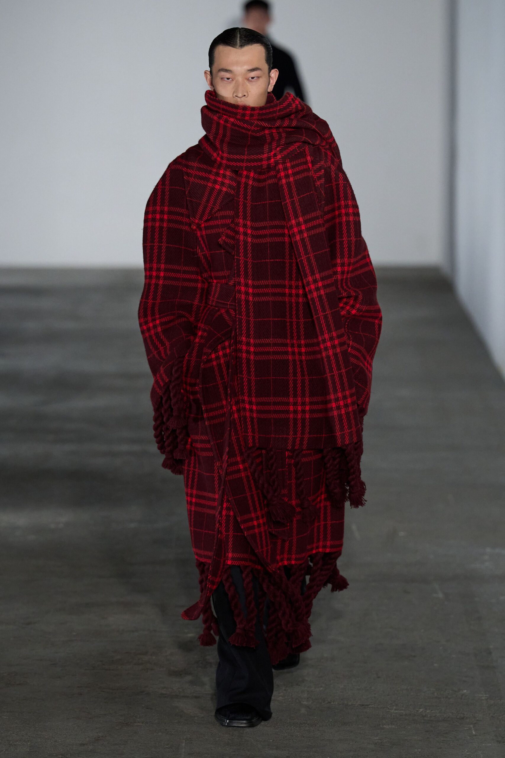 red wool oversized checked fringed cape