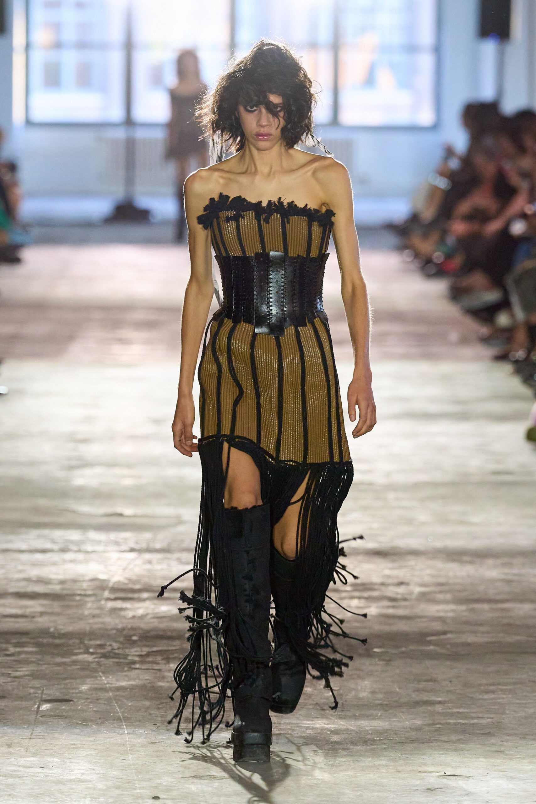 black cotton strapless fitted fringed pleated mini dress