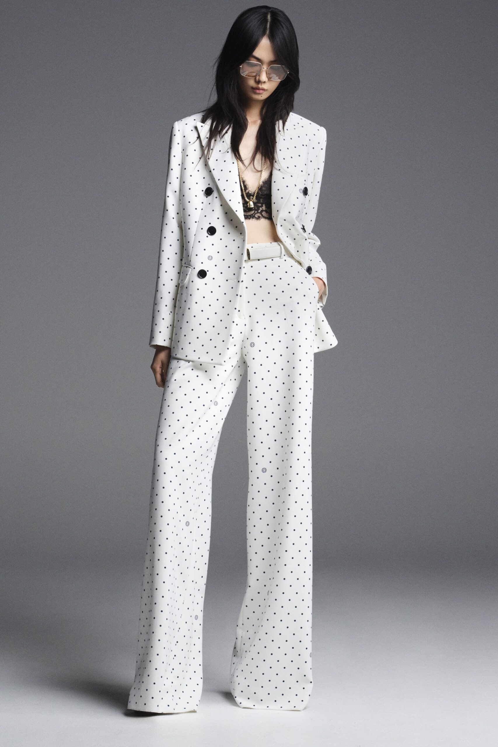 white tailored wide-leg polka-dot pants