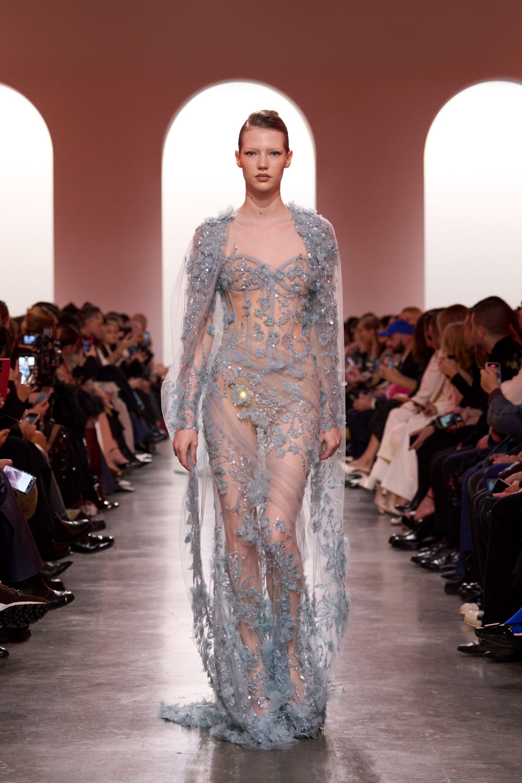 blue silk embroidered gown