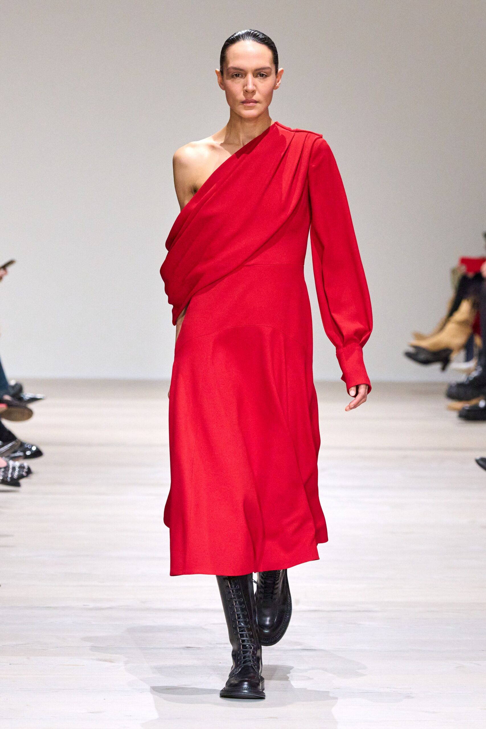 red cotton long-sleeve off-shoulder fitted draped midi dress