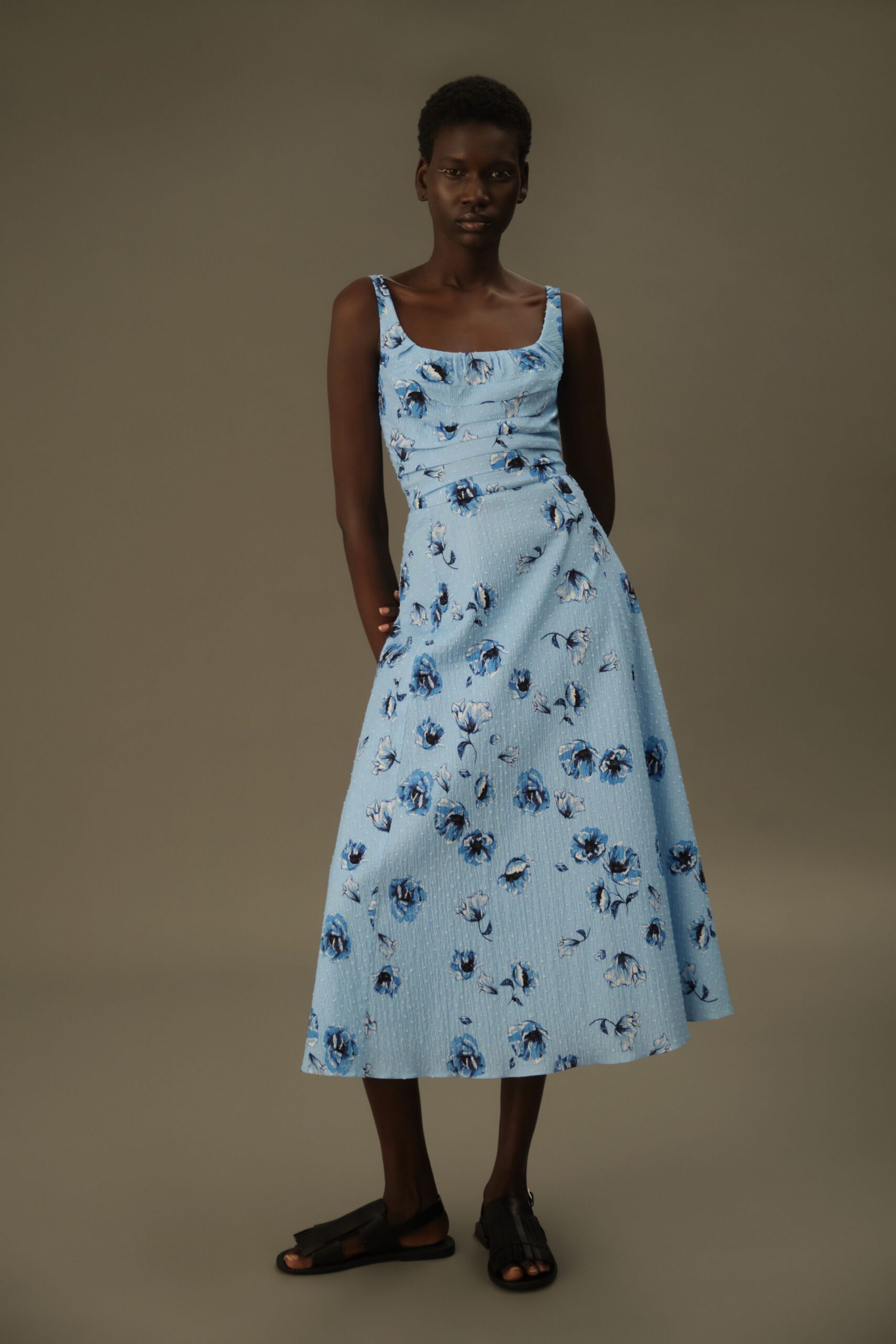 blue cotton sleeveless square-neck fitted flared printed dress