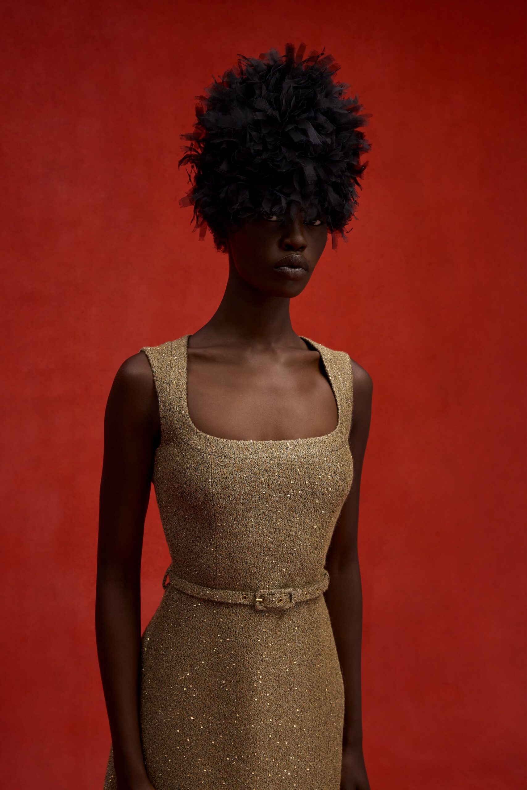 gold silk sleeveless square-neck fitted belted shiny dress