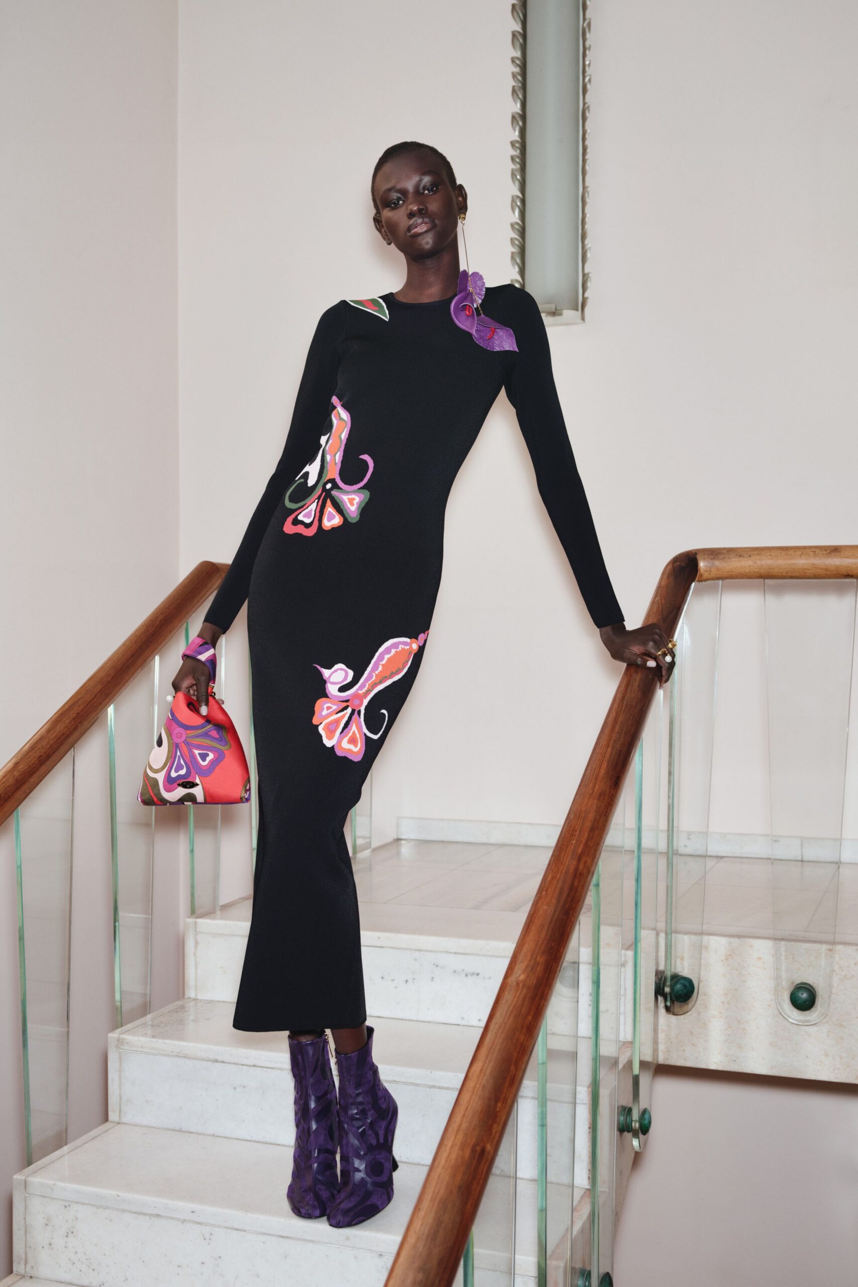 black knit long-sleeve v-neck fitted embroidered midi dress