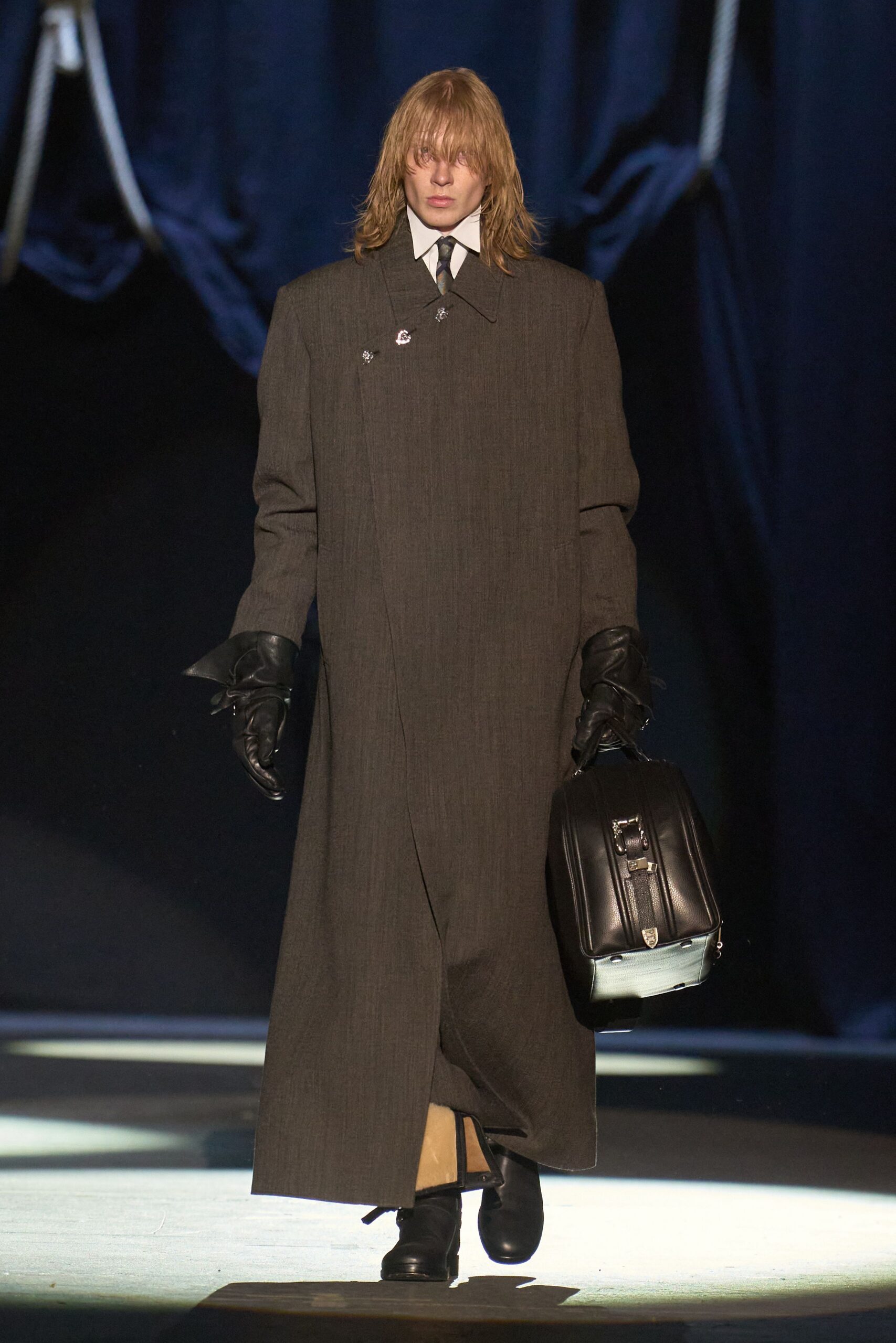 gray wool long-sleeve collared oversized buttoned maxi coat