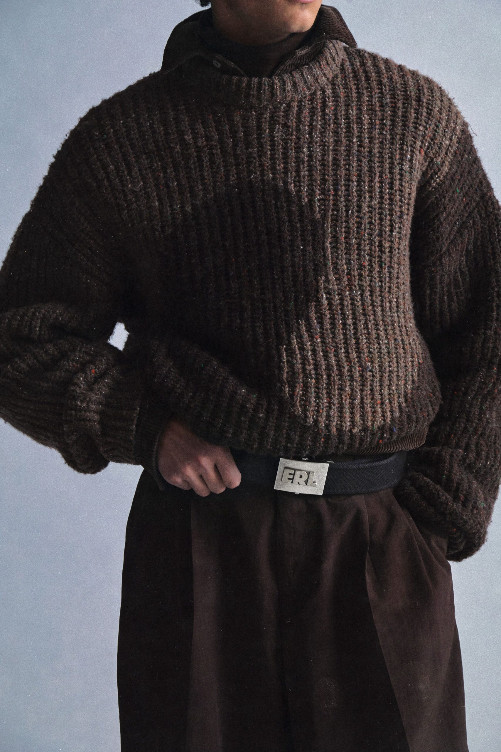 brown wool long-sleeve collared relaxed ribbed sweater
