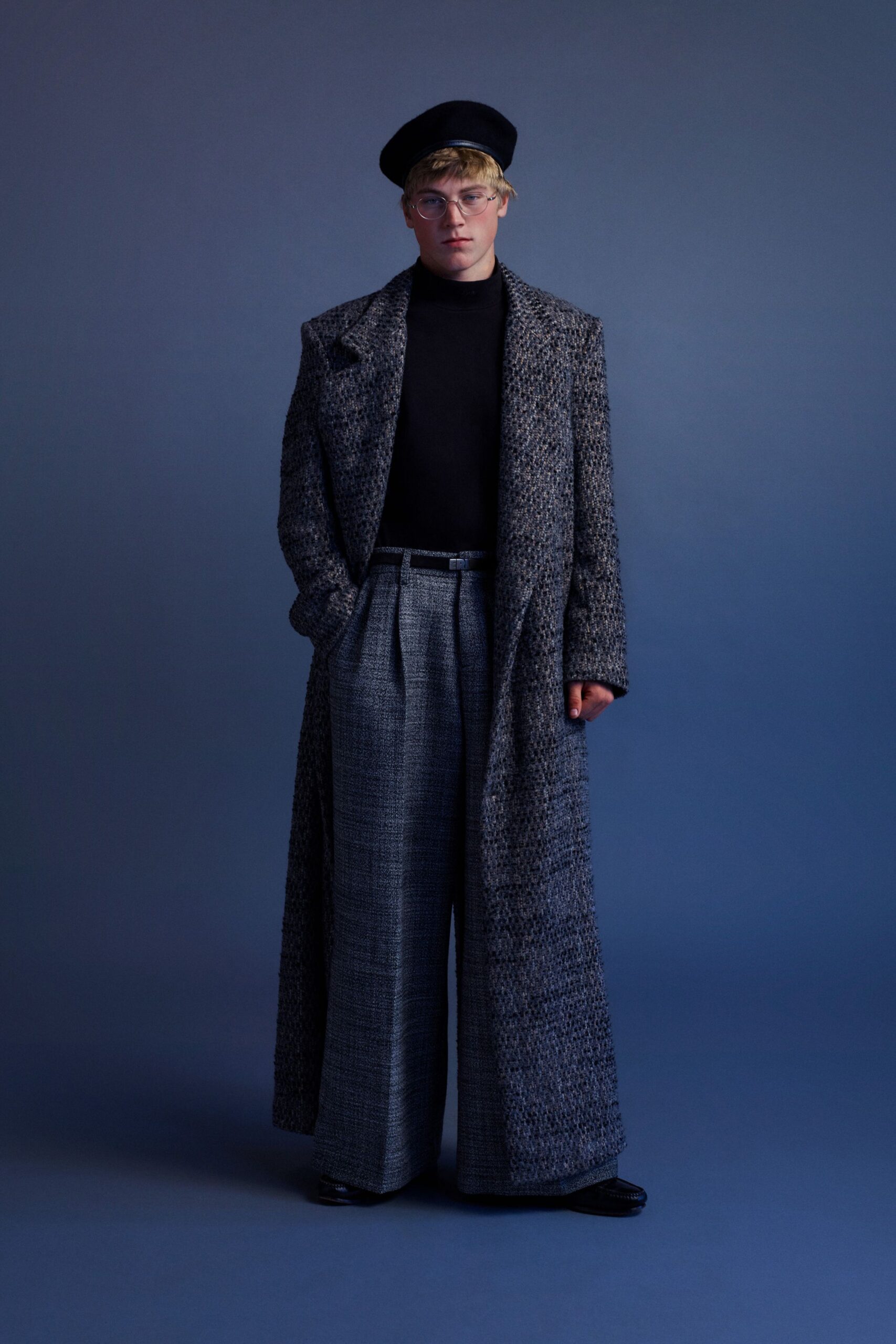 gray wool long-sleeve collared relaxed buttoned maxi coat