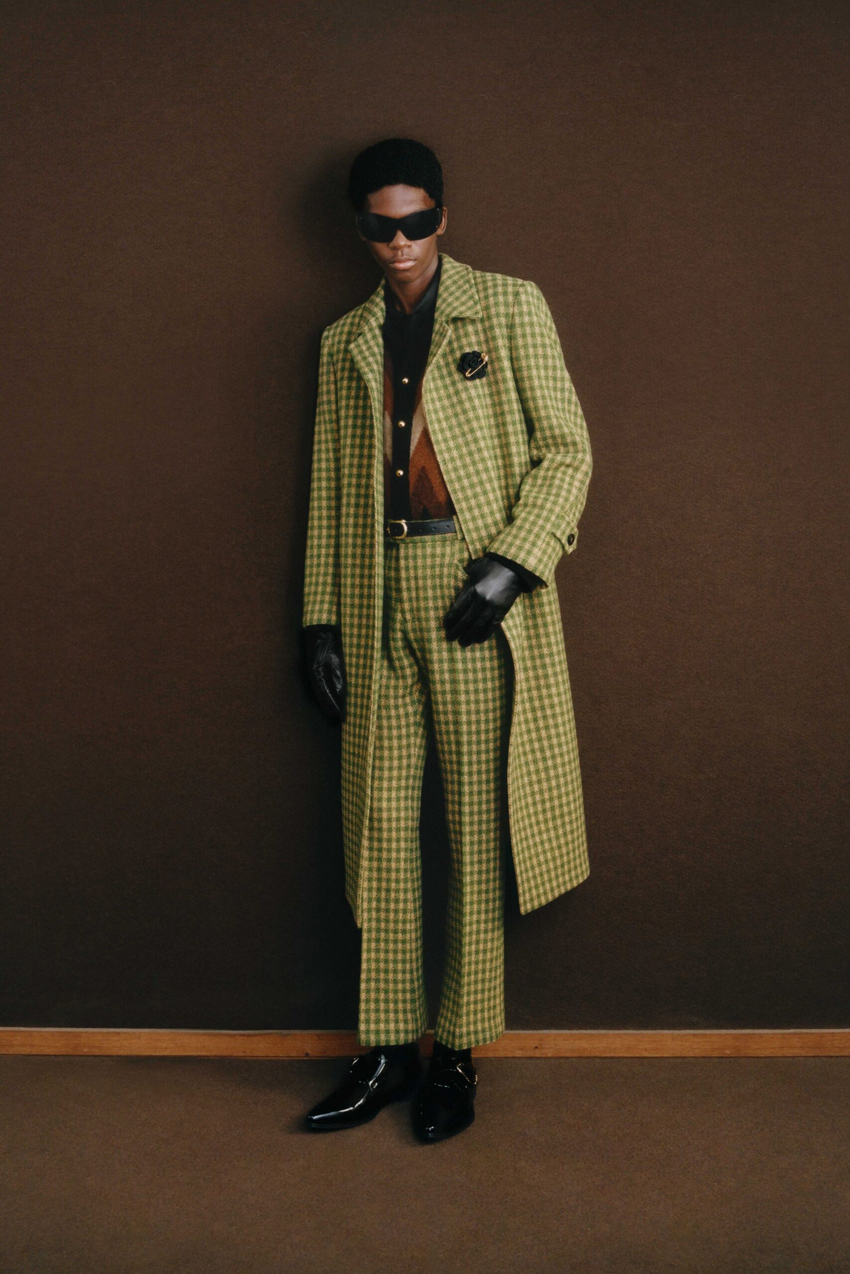 green wool tailored checked pants