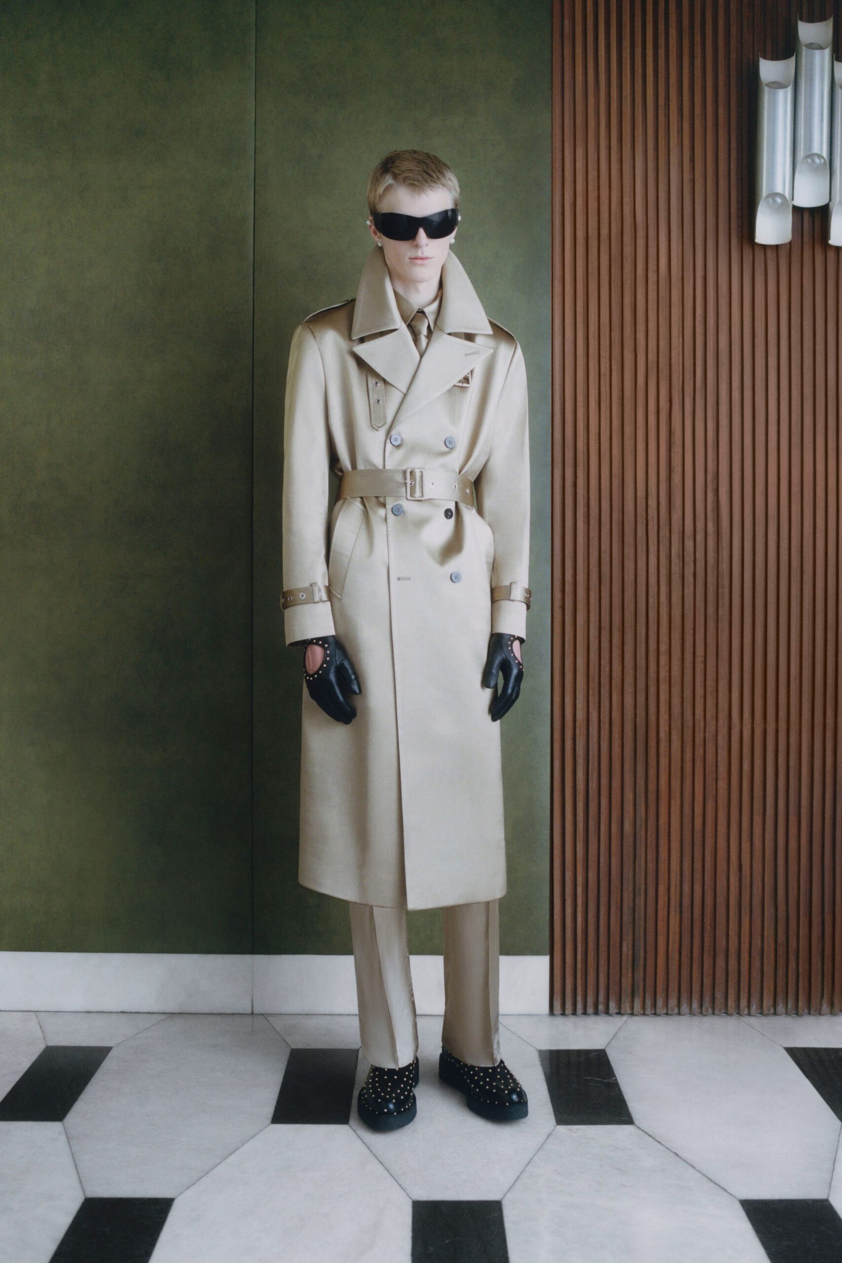 beige cotton long-sleeve collared fitted belted midi trench
