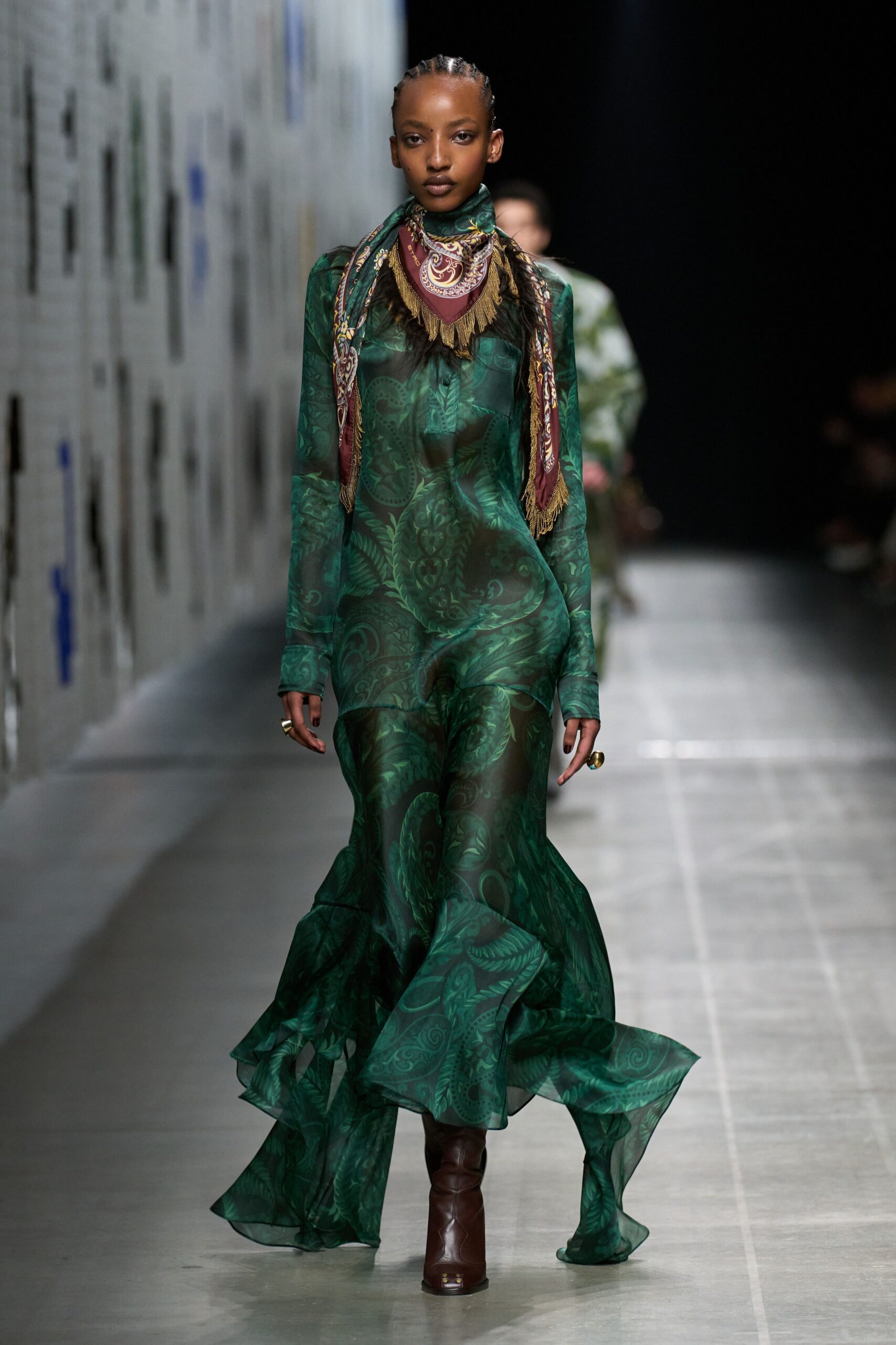 green silk long-sleeve v-neck fitted flared printed dress
