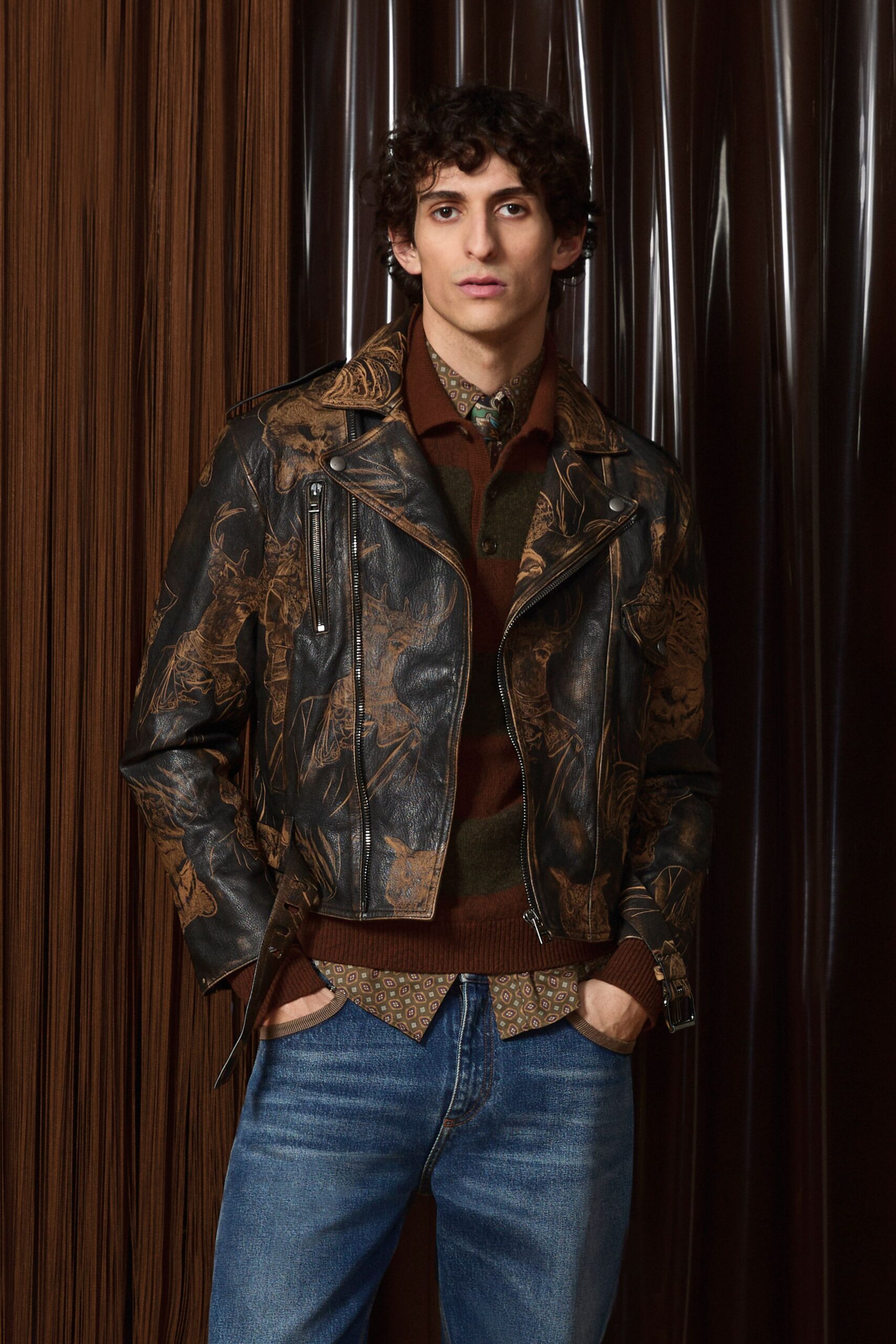 black leather long-sleeve collared fitted embroidered jacket