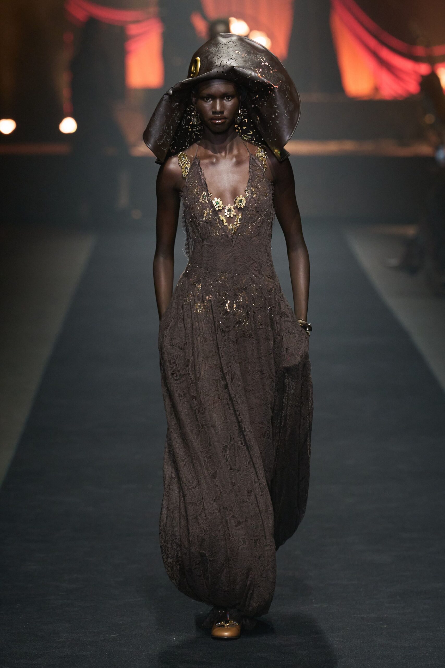 brown lace sleeveless v-neck fitted embroidered flowing gown