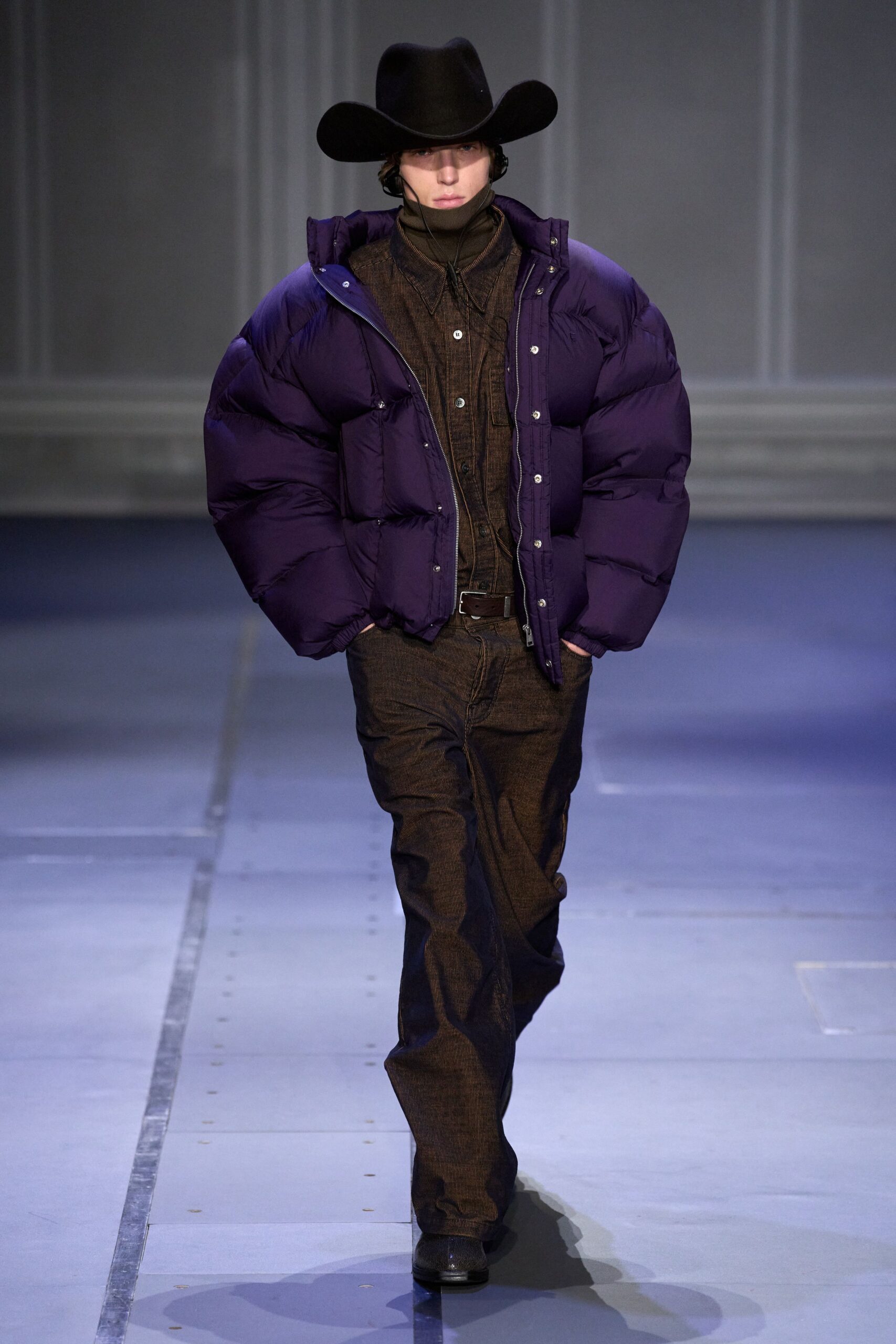 purple jersey long-sleeve collared oversized padded jacket