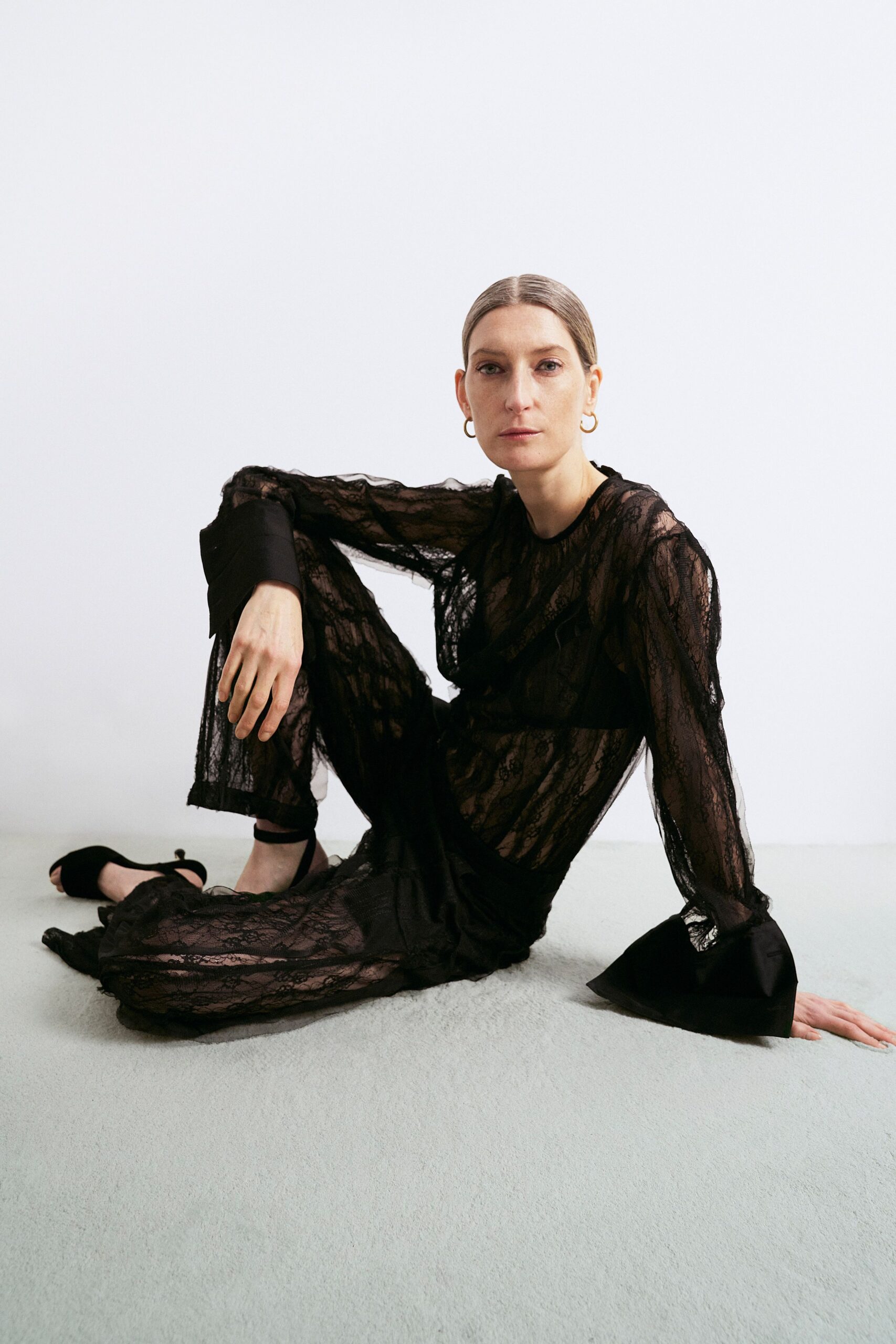 black lace long-sleeve v-neck fitted layered dress