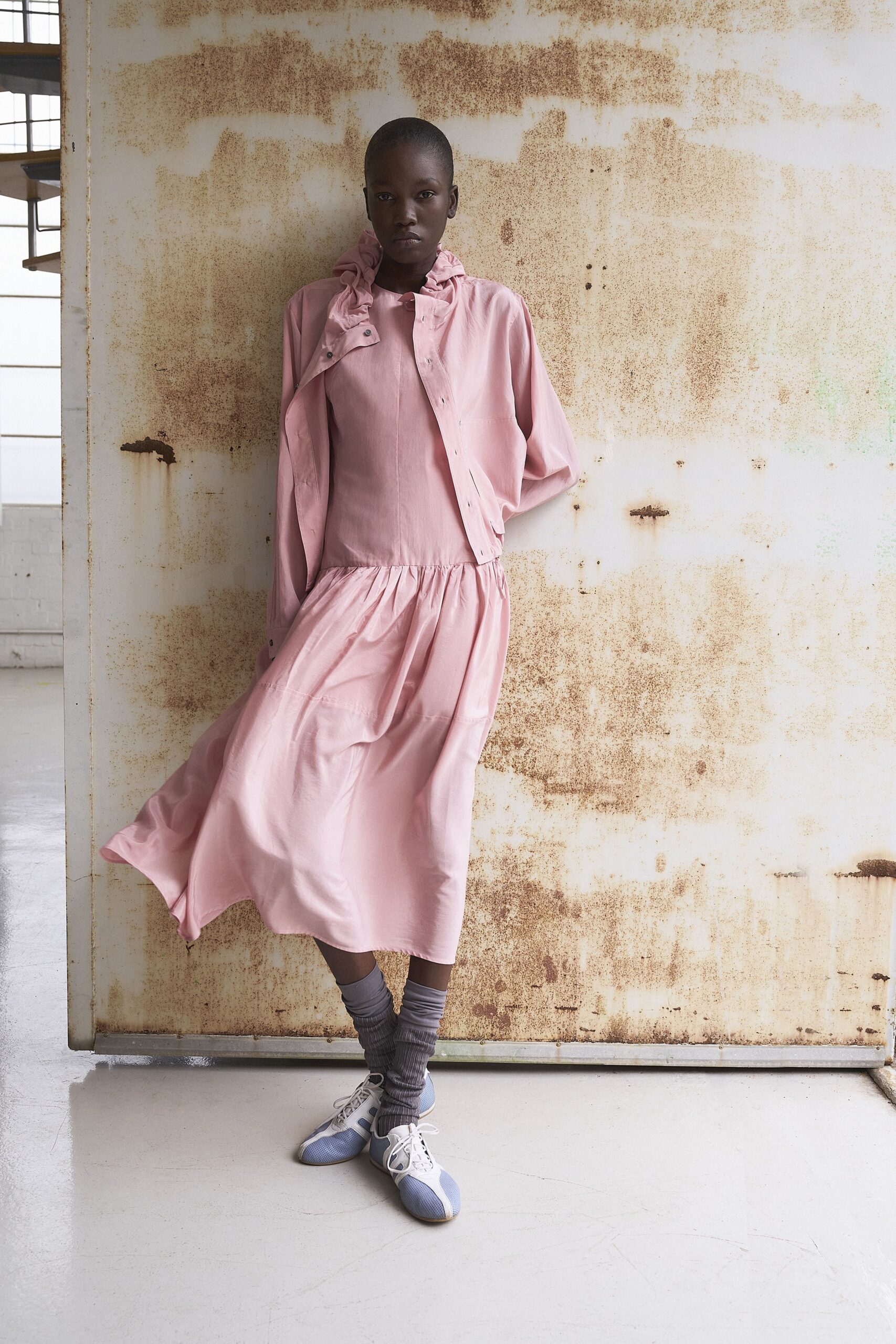 pink silk long-sleeve collared relaxed ruffled jacket