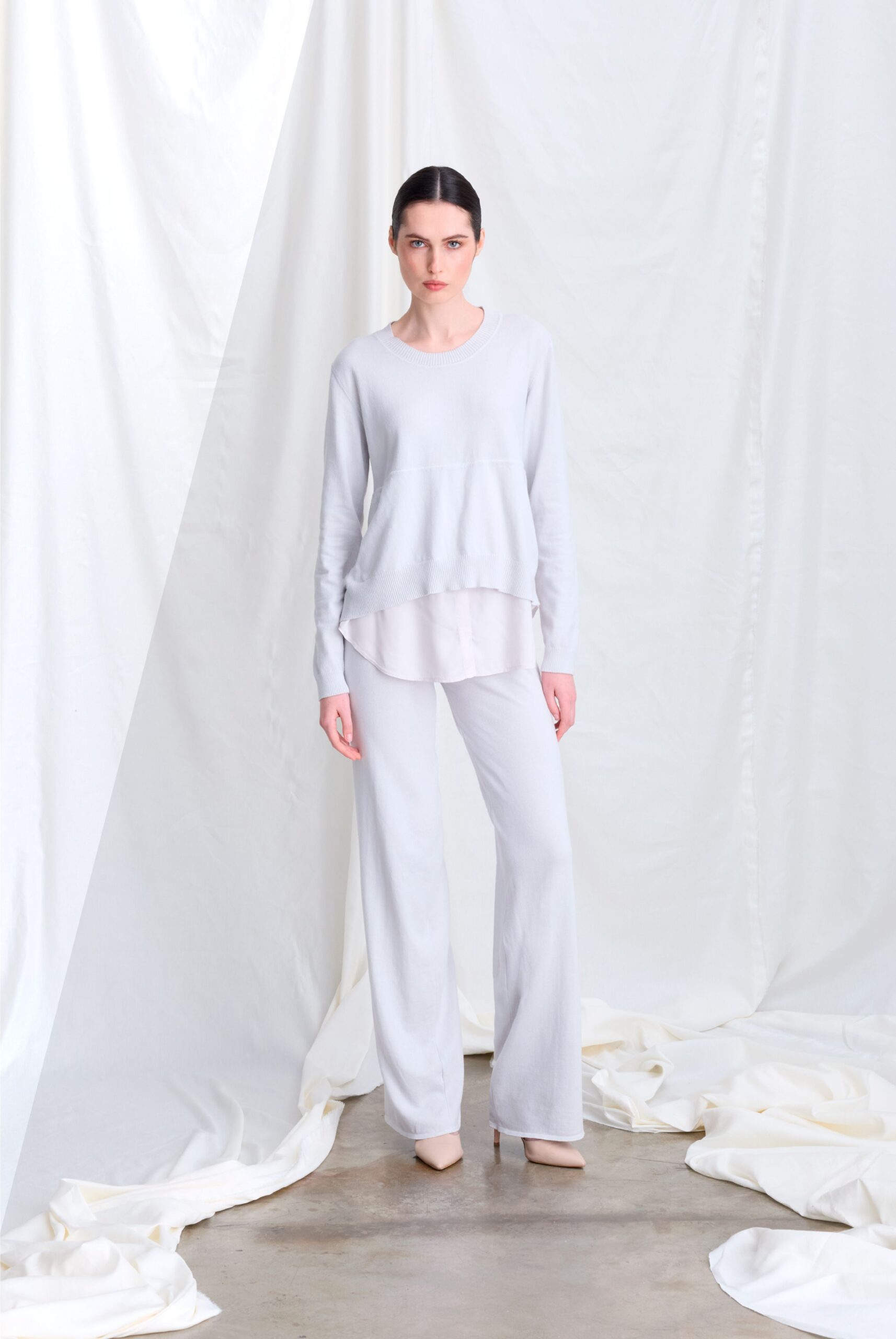 gray cotton long-sleeve collared relaxed layered top