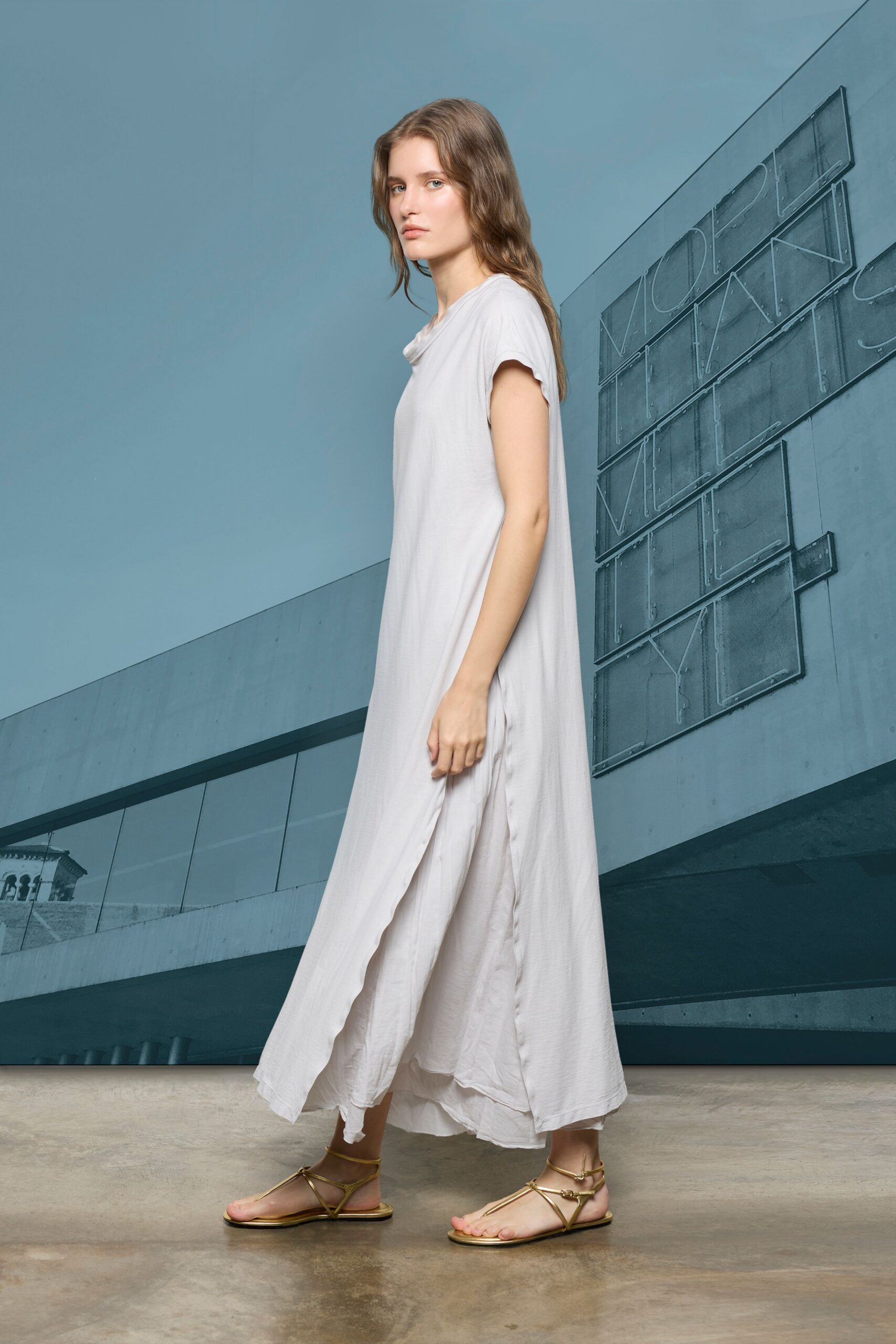 white cotton short-sleeve collared relaxed pleated flowing dress