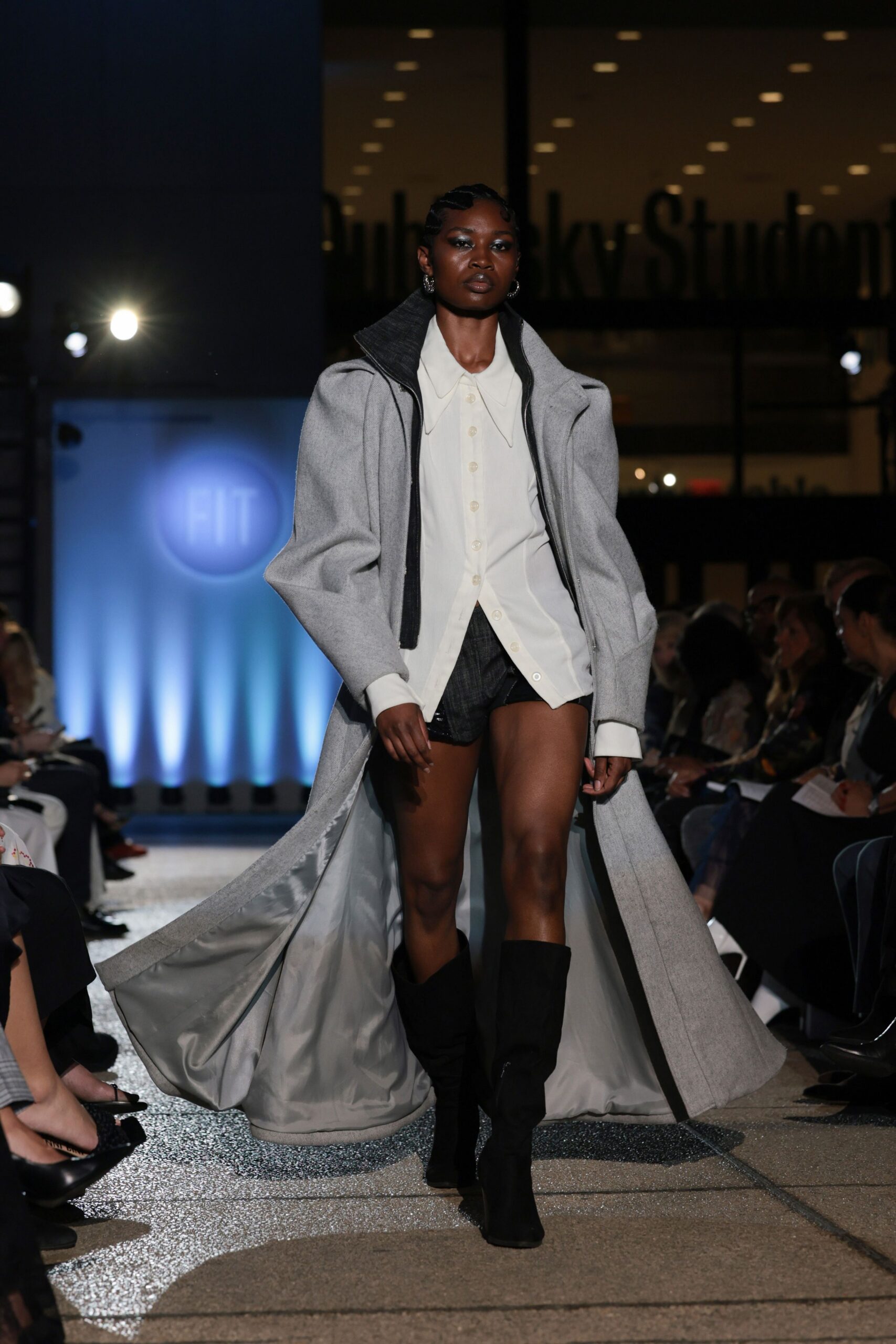 gray wool long-sleeve collared oversized layered maxi coat