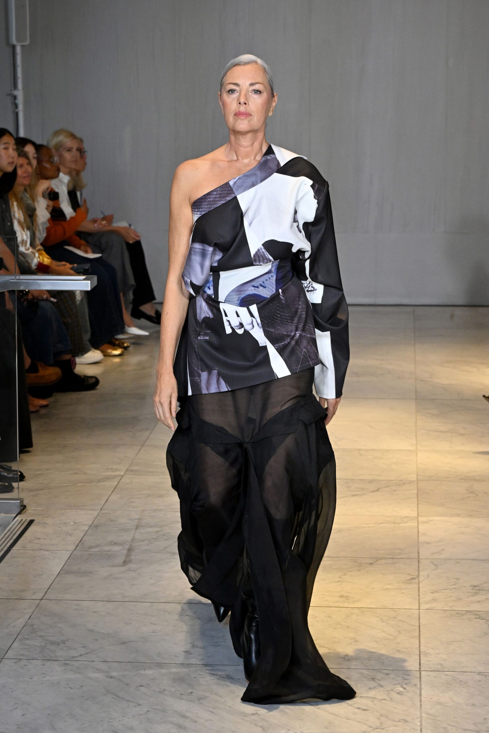 black and white asymmetric gown