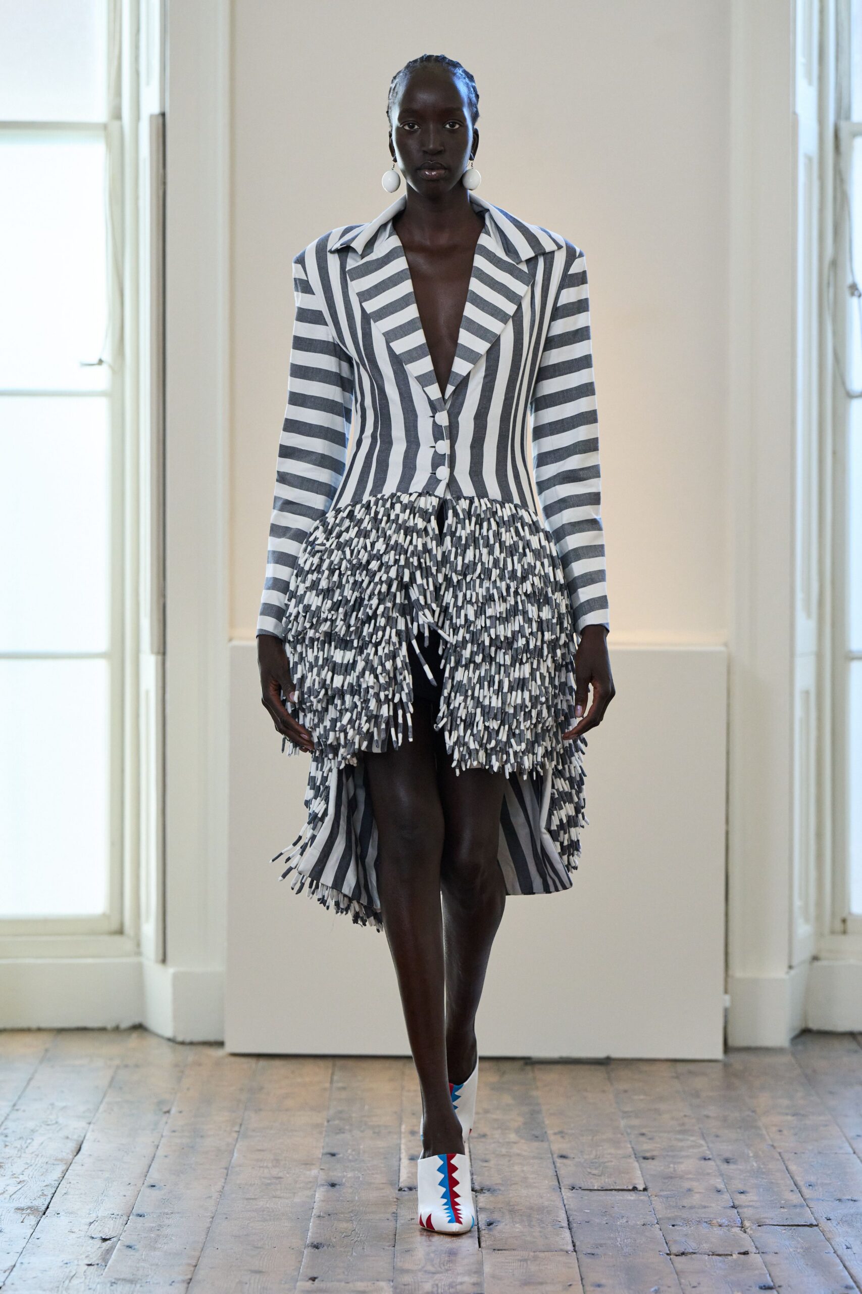 striped midi dress with color-blocked shoes