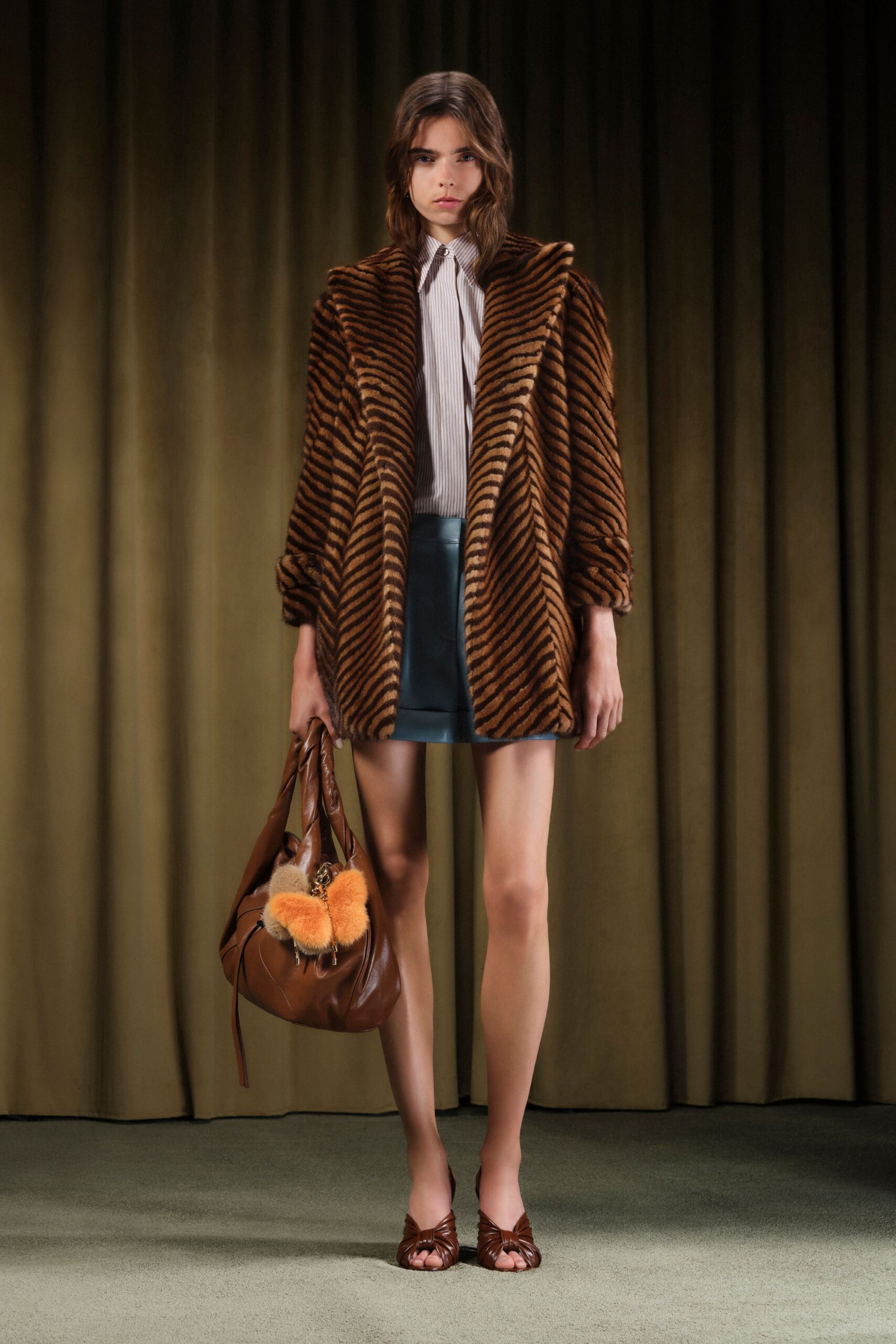 brown striped faux-fur coat