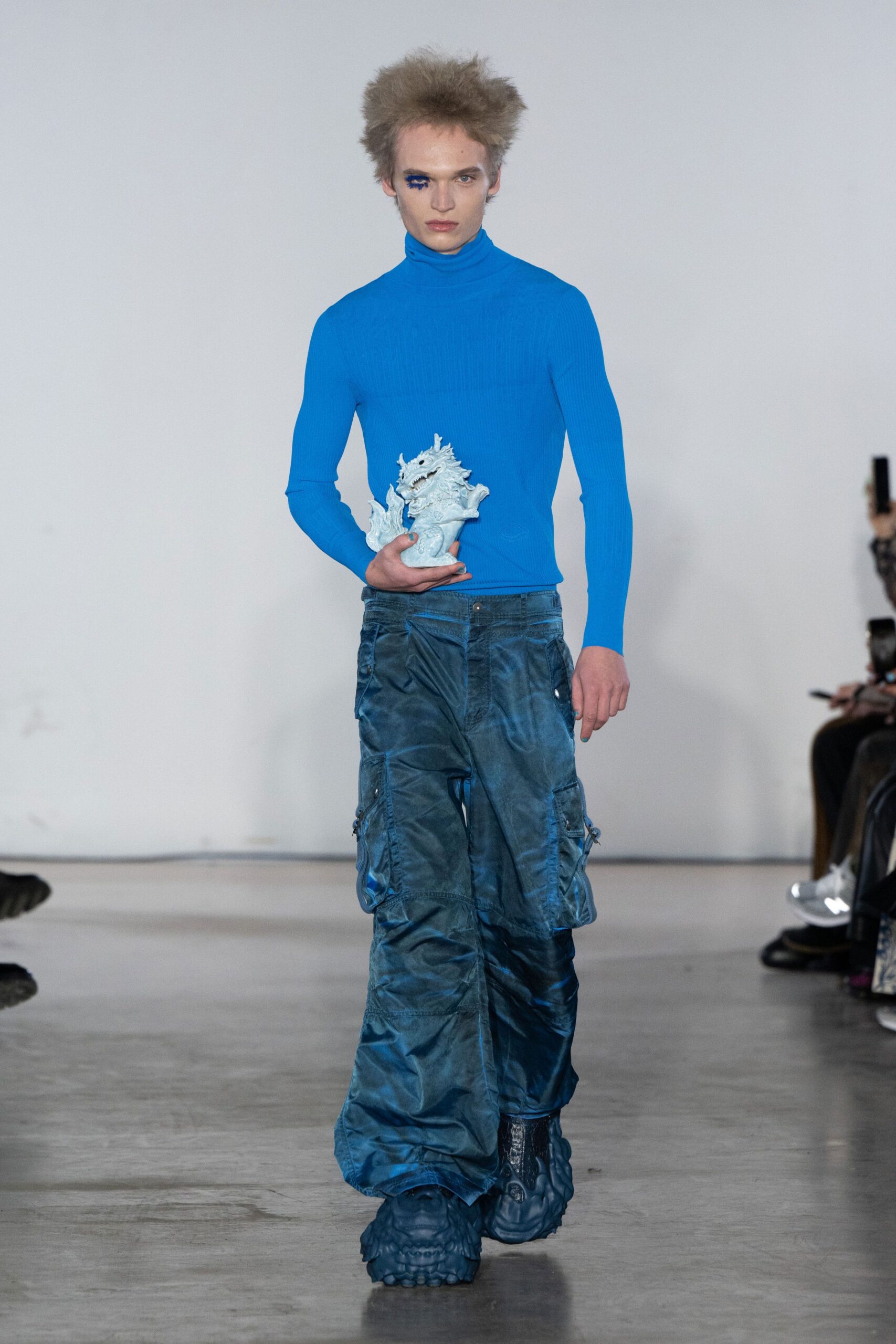 blue fitted top and relaxed pants