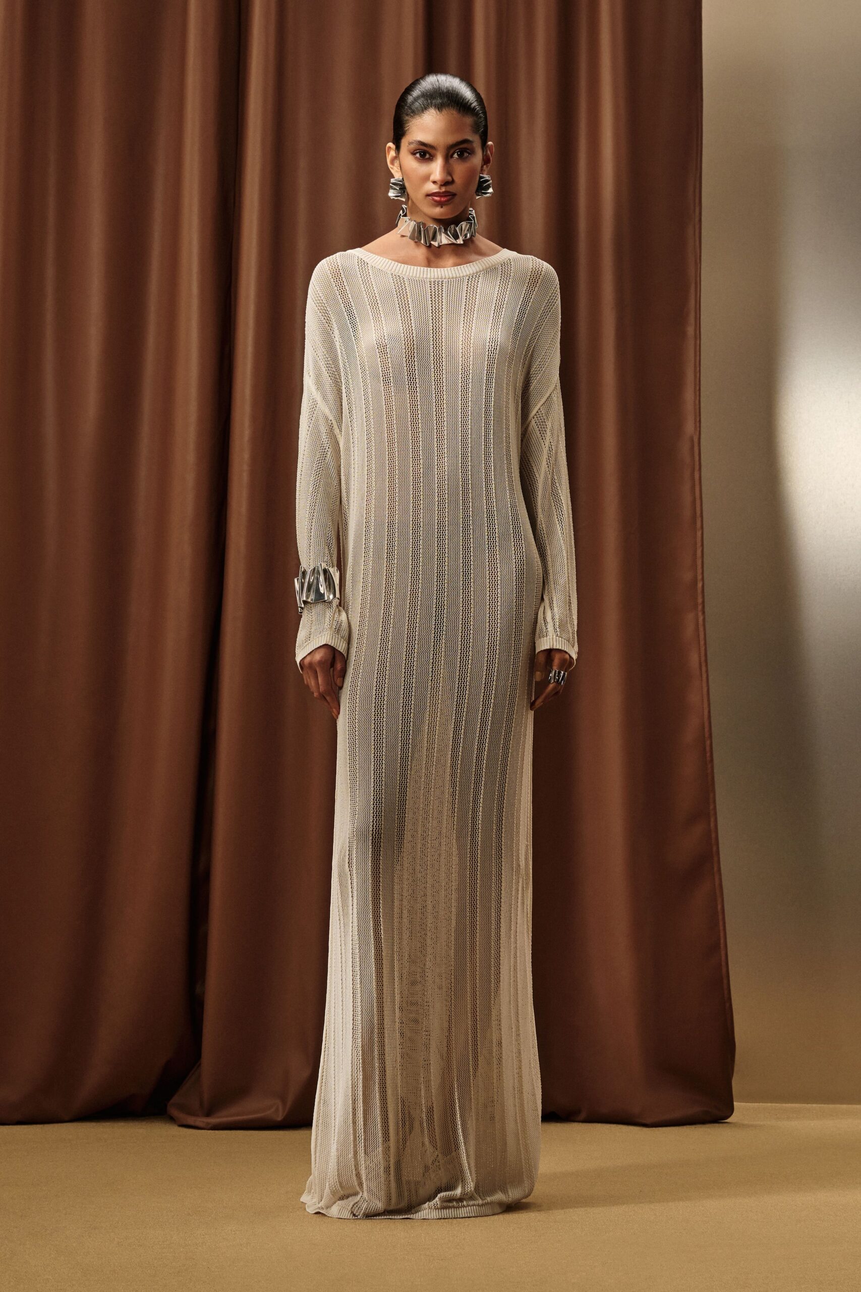 beige silk pleated gown