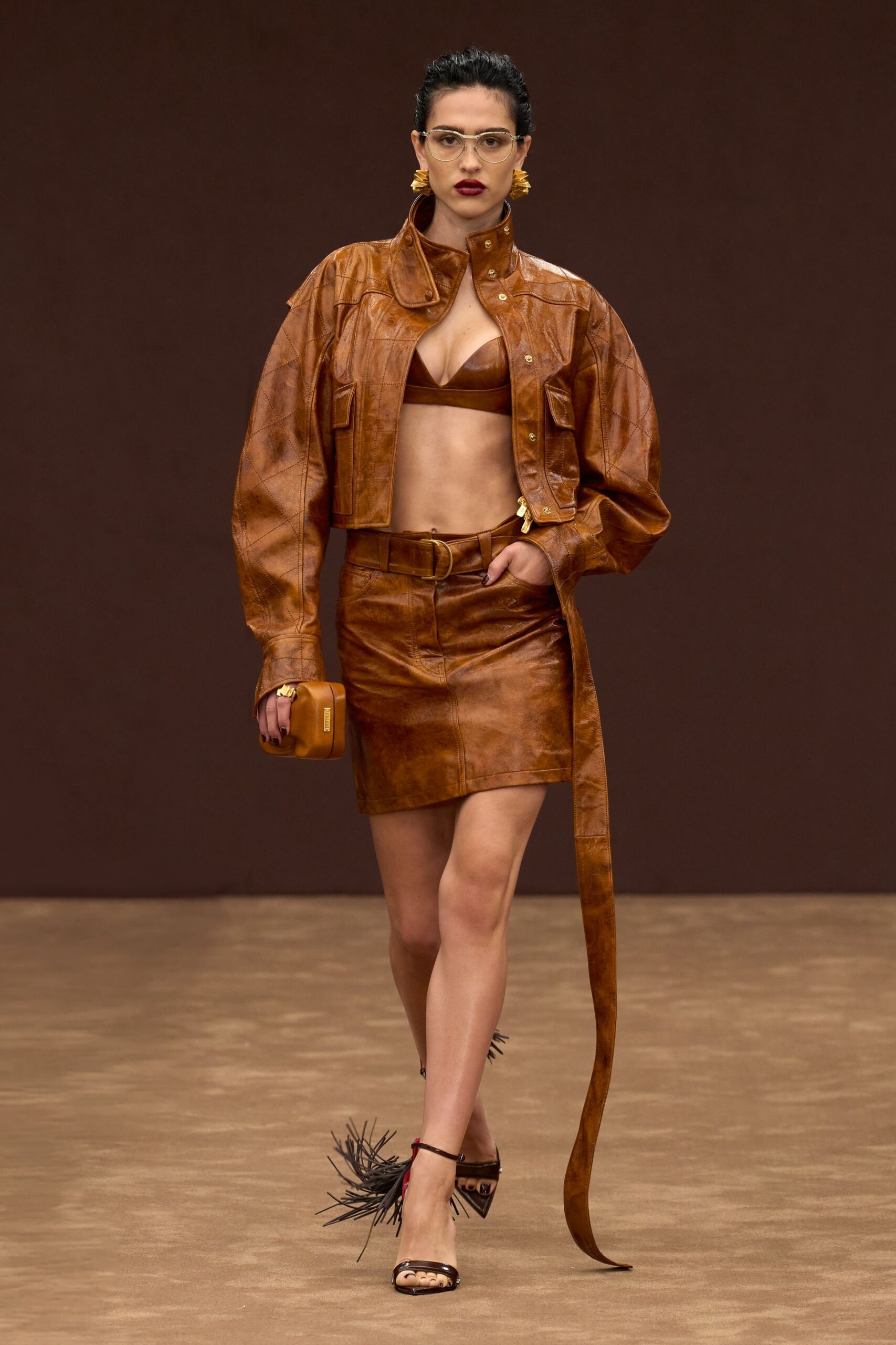 brown leather long-sleeve collared fitted buttoned jacket