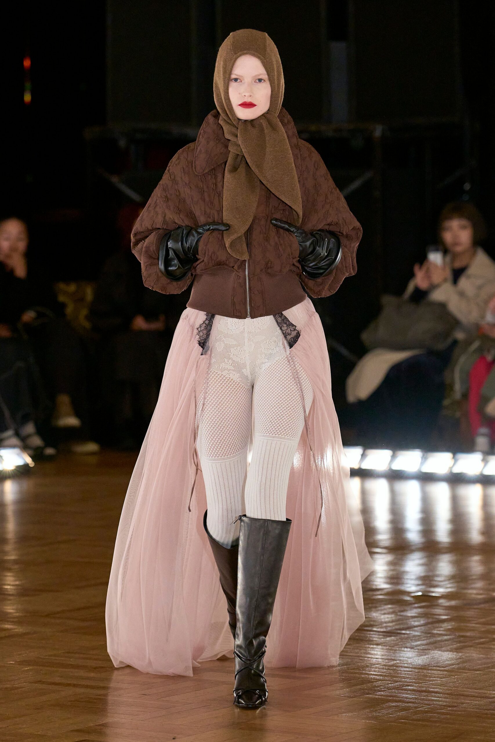 brown silk jacket with pink skirt