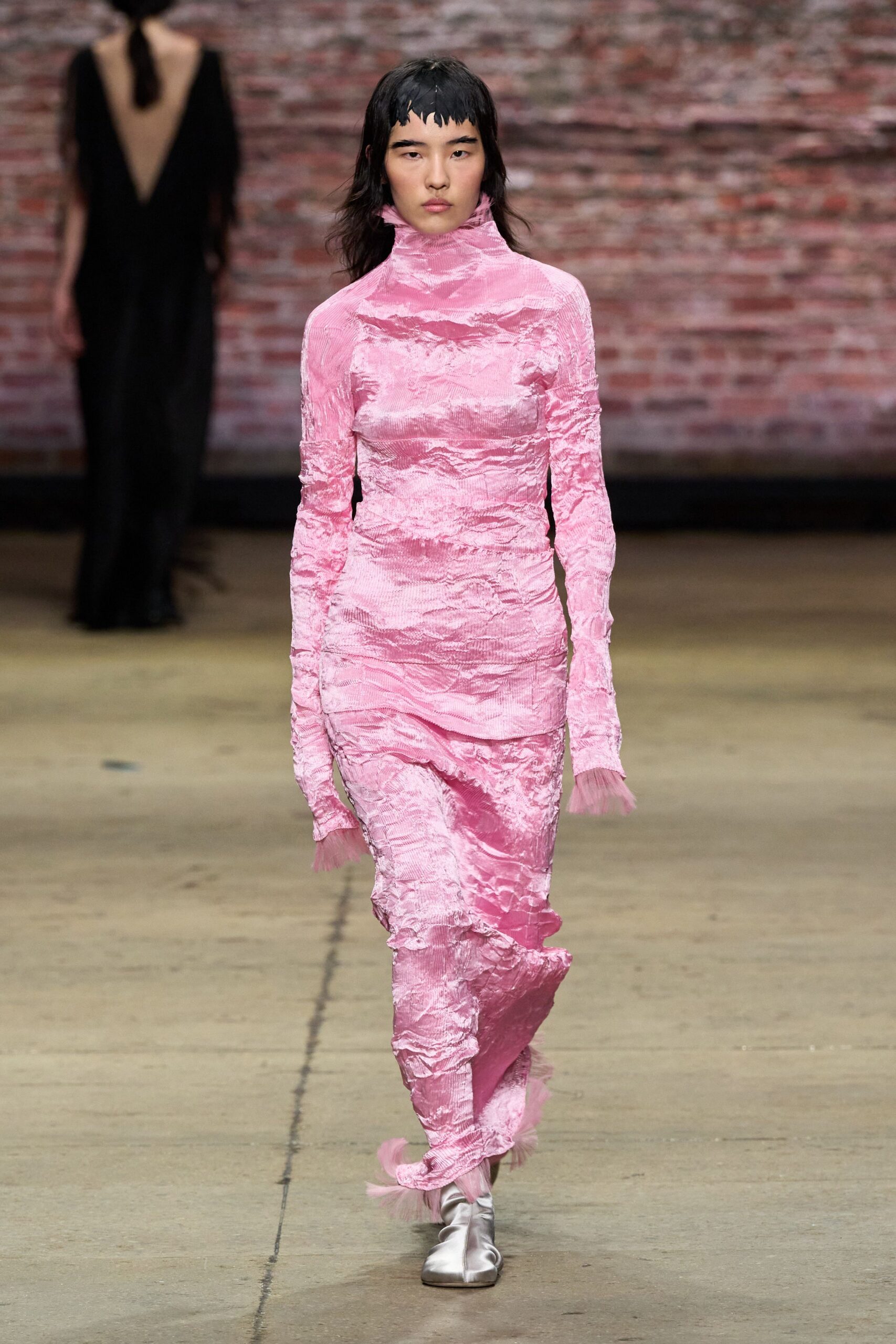 pink lace long-sleeve high-neck fitted ruffled sheer dress