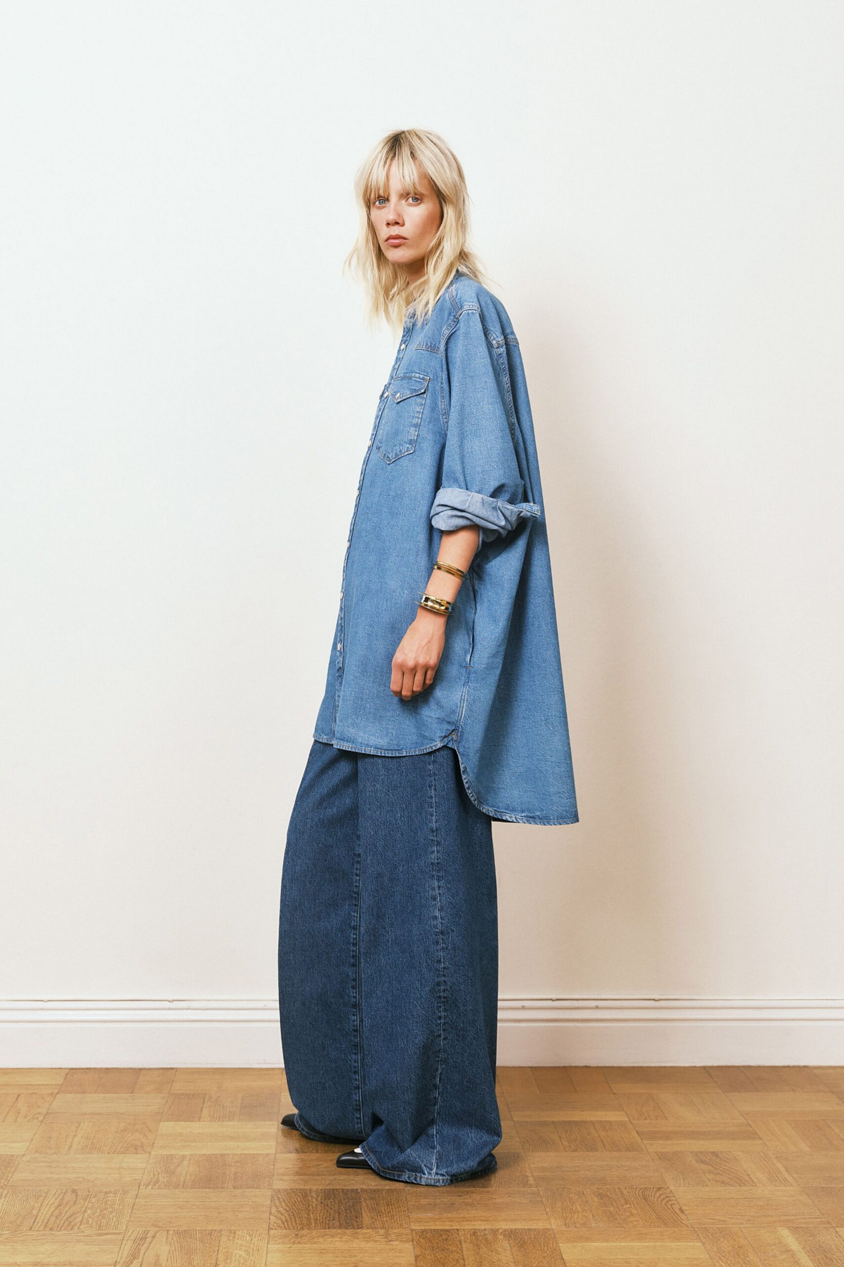 oversized denim shirt with wide-leg pants