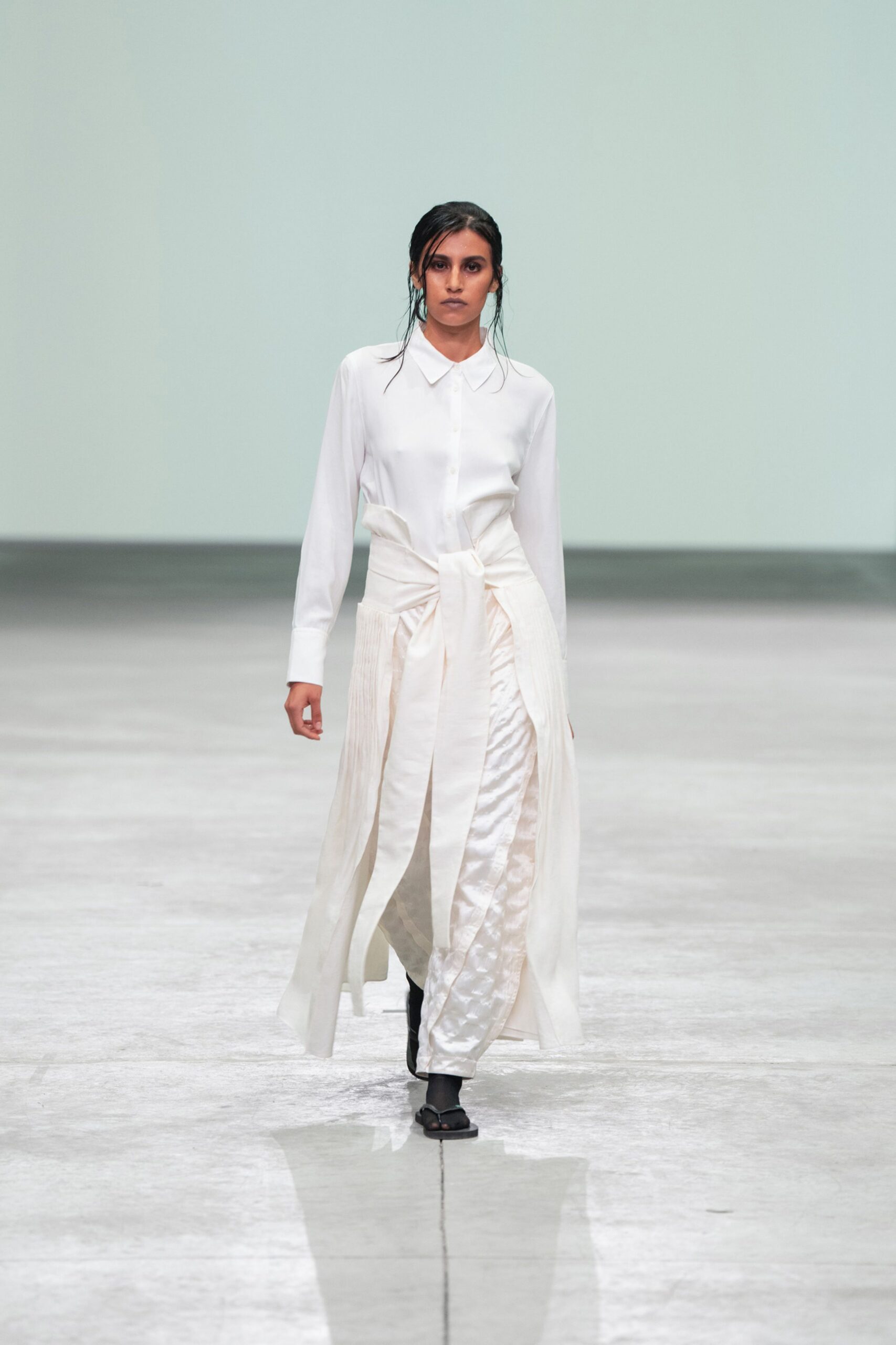 white silk long-sleeve collared fitted belted pleated dress
