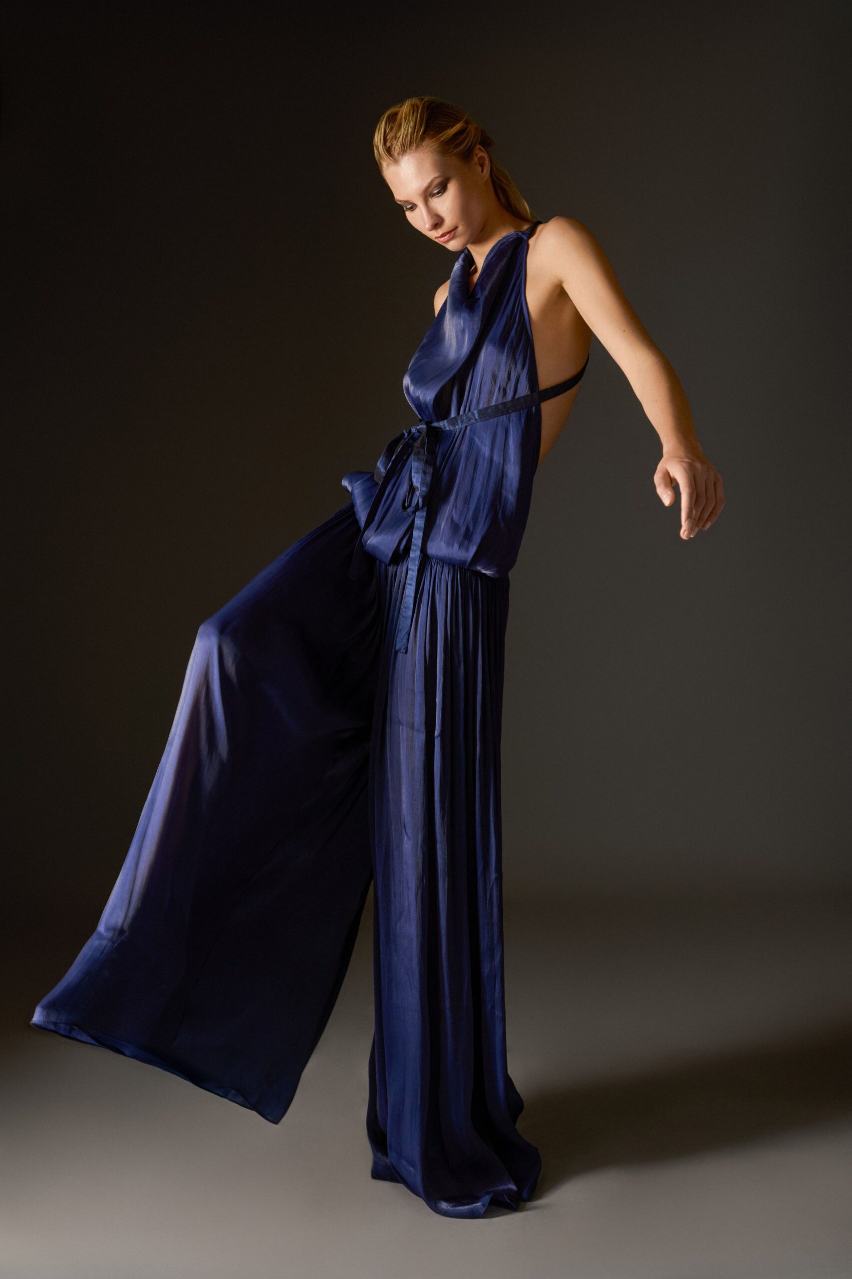 blue silk sleeveless jumpsuit