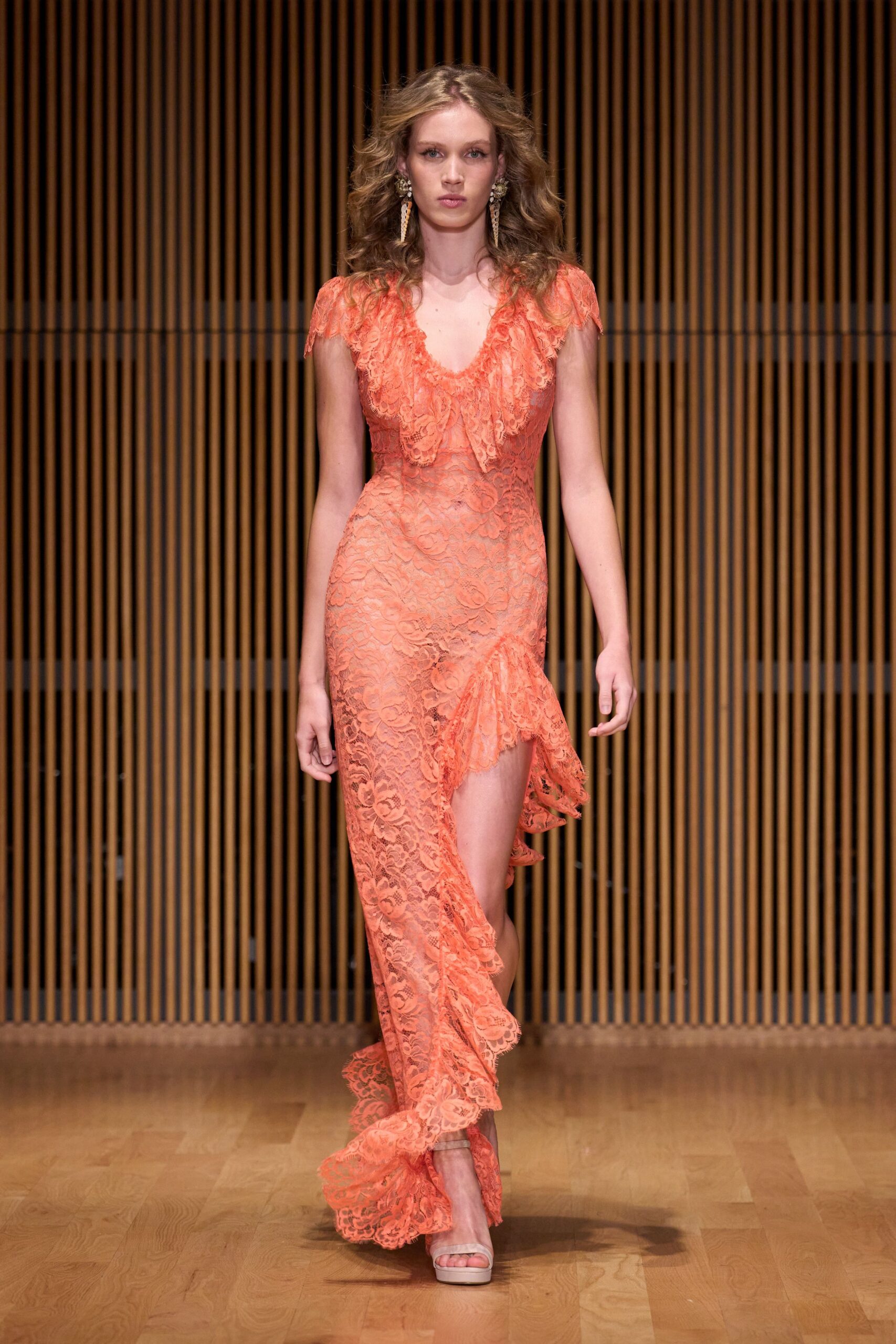 orange lace sleeveless v-neck fitted ruffled gown