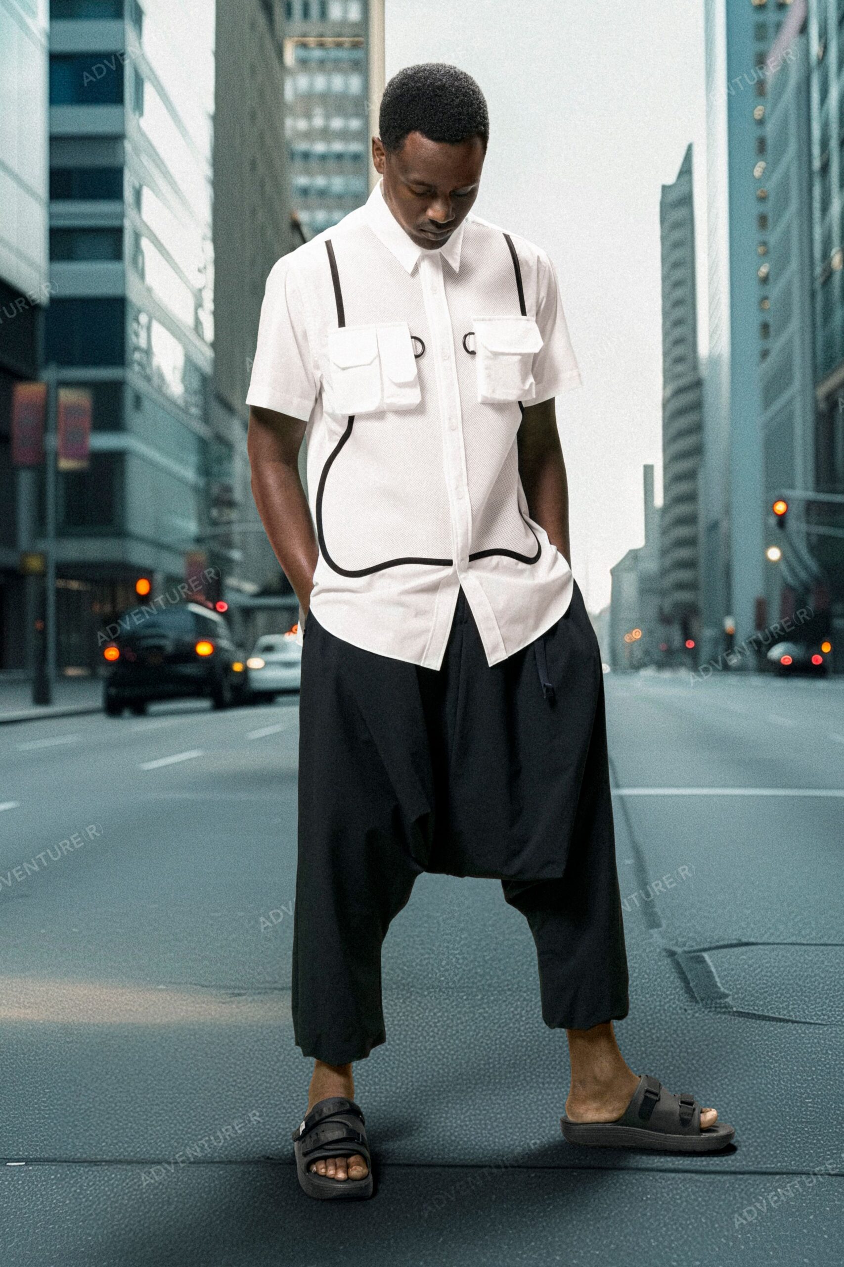 white relaxed shirt with black pants