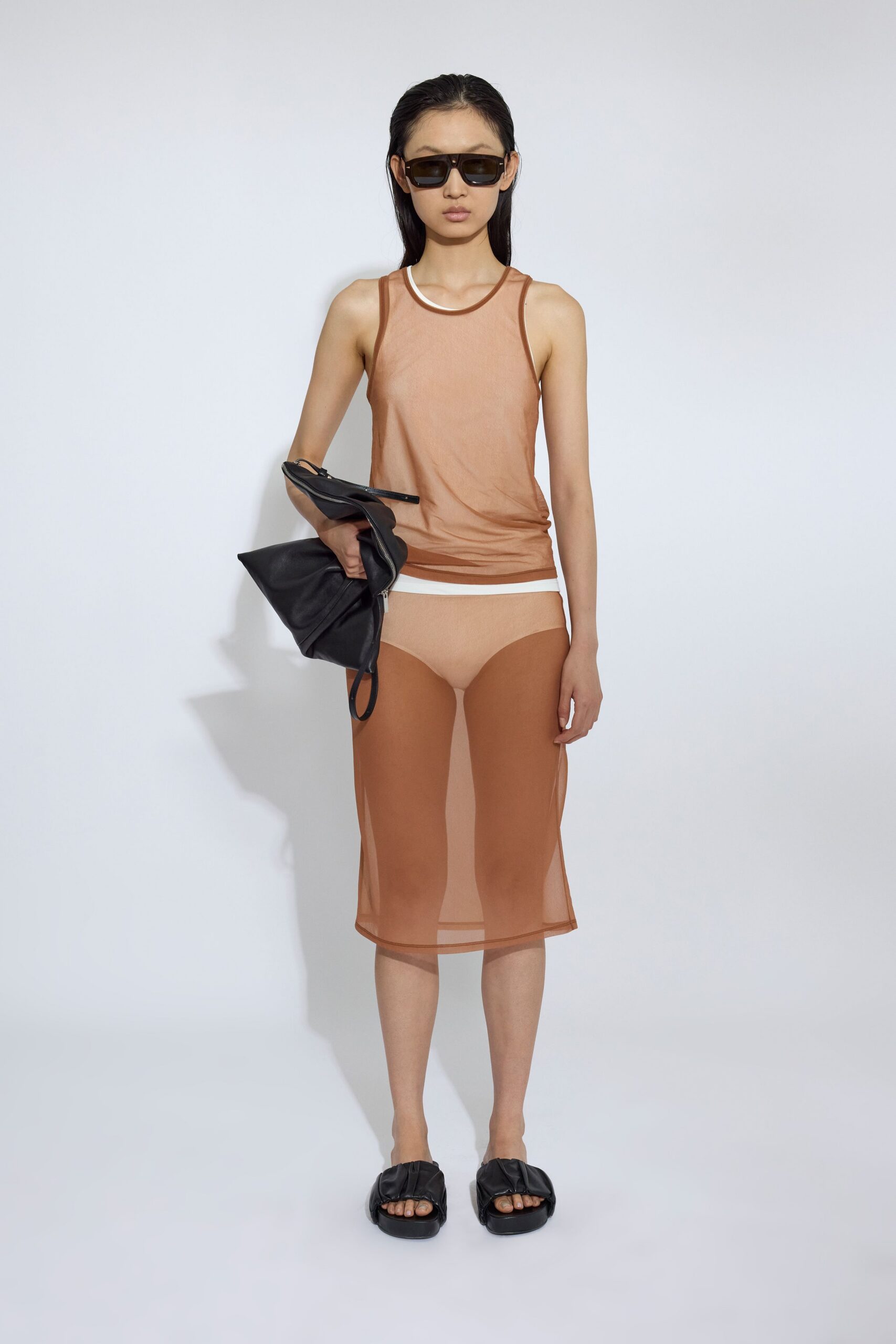 brown mesh fitted straight-leg sheer midi skirt