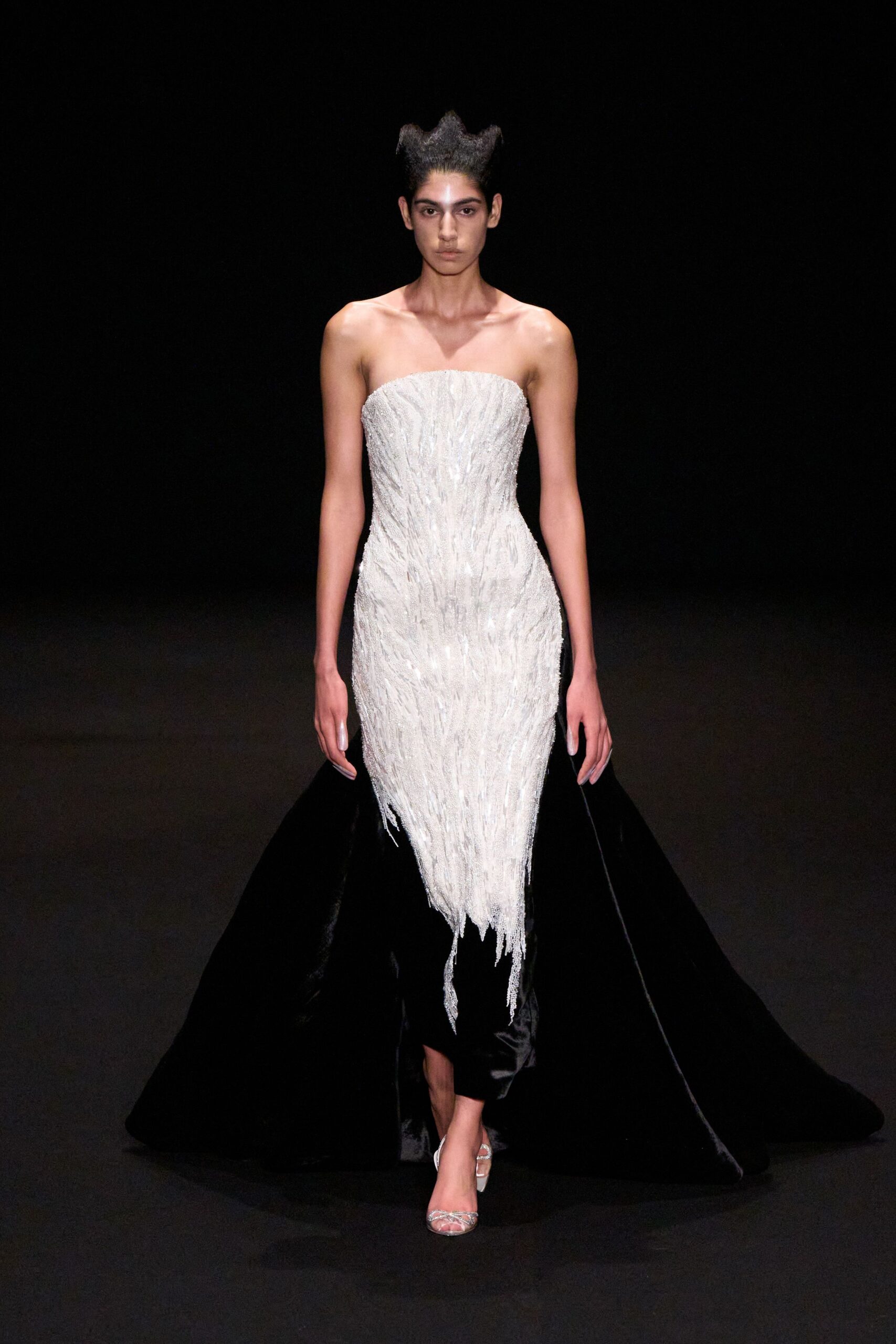 black and white strapless gown