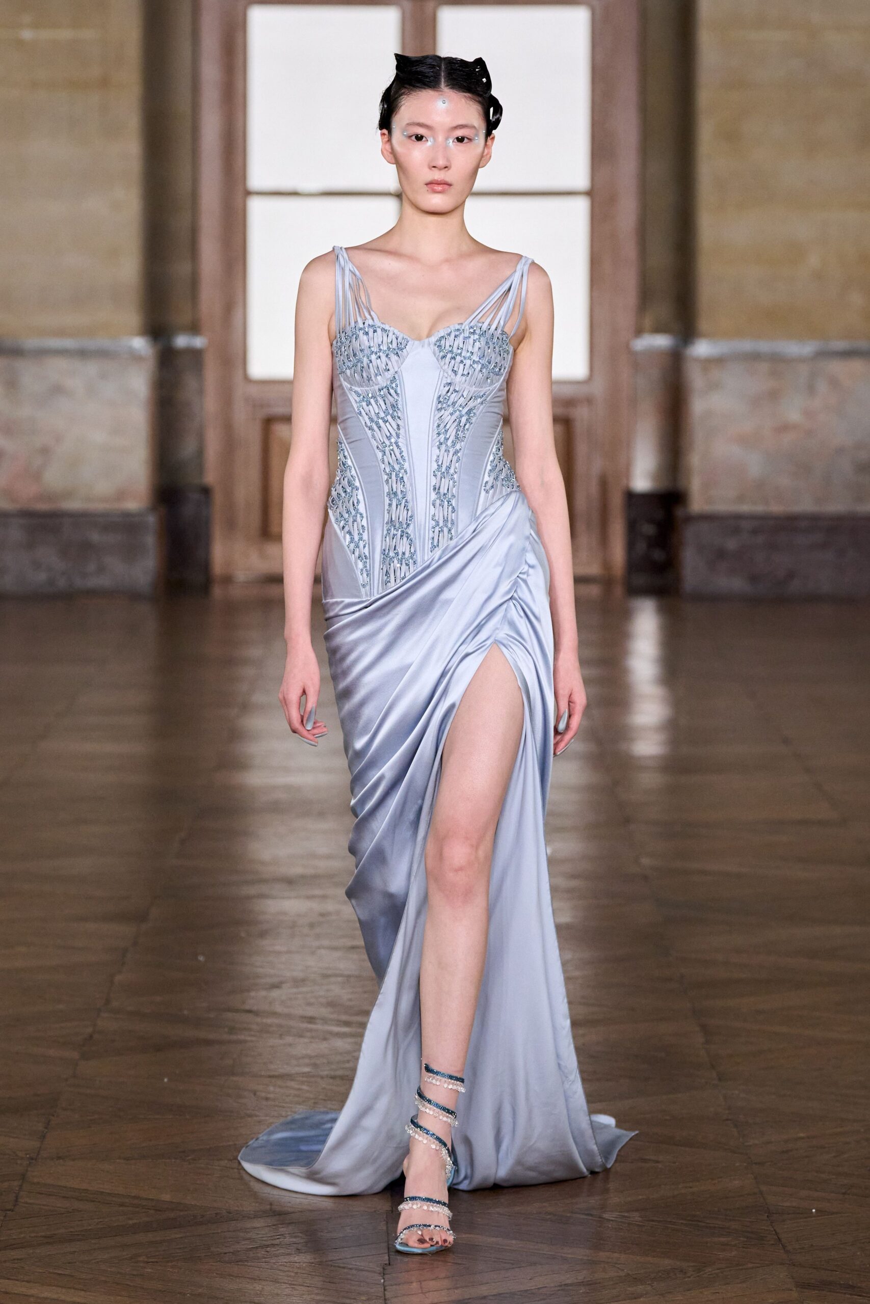 blue silk sleeveless v-neck fitted ruched embellished gown