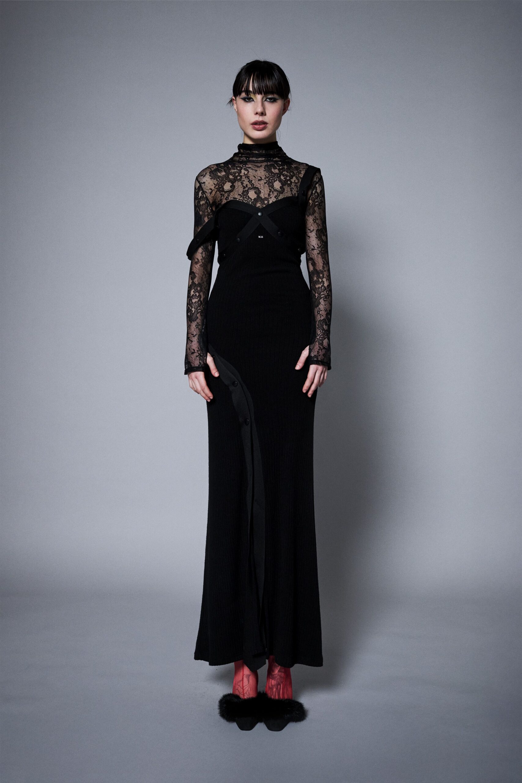 black lace long-sleeve high-neck fitted pleated buttoned gown