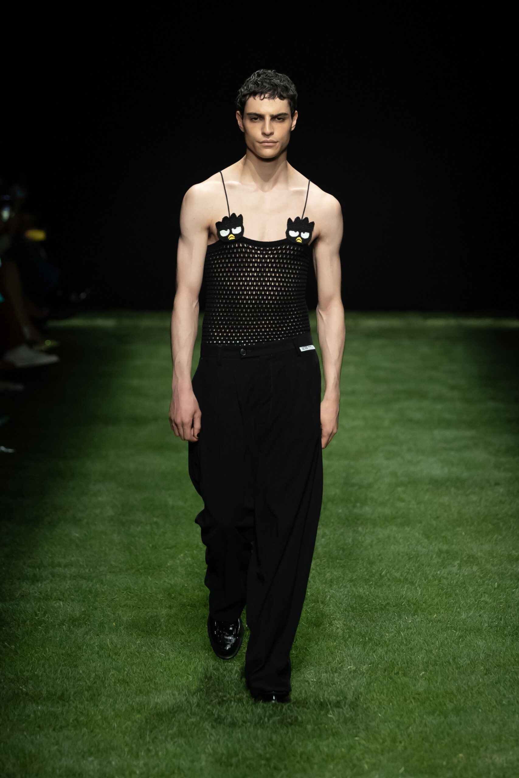 black mesh top with relaxed pants